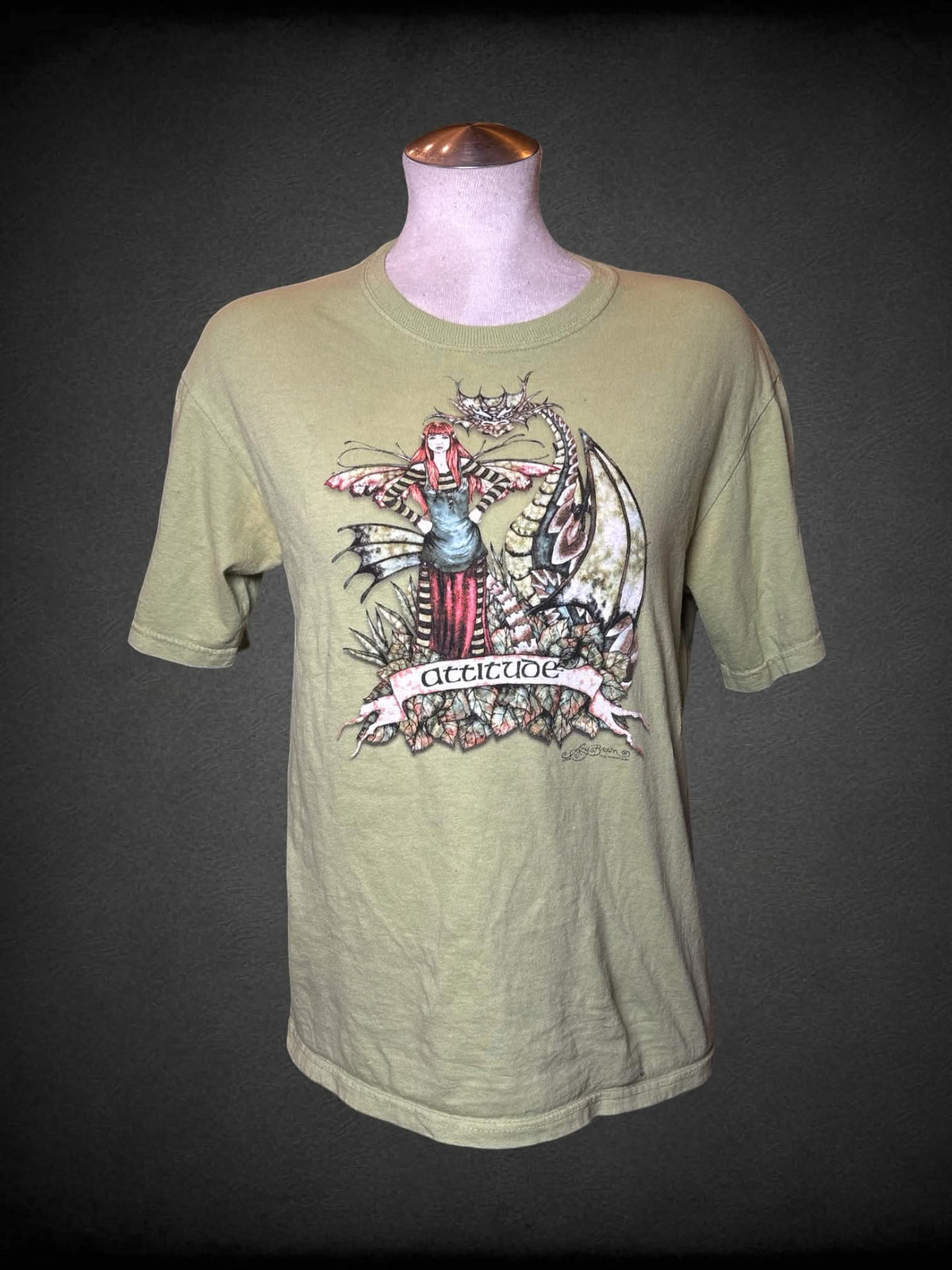 L The Mountain vintage green t shirt with Amy Brown’s “Attitude” fairy and dragon graphic on front