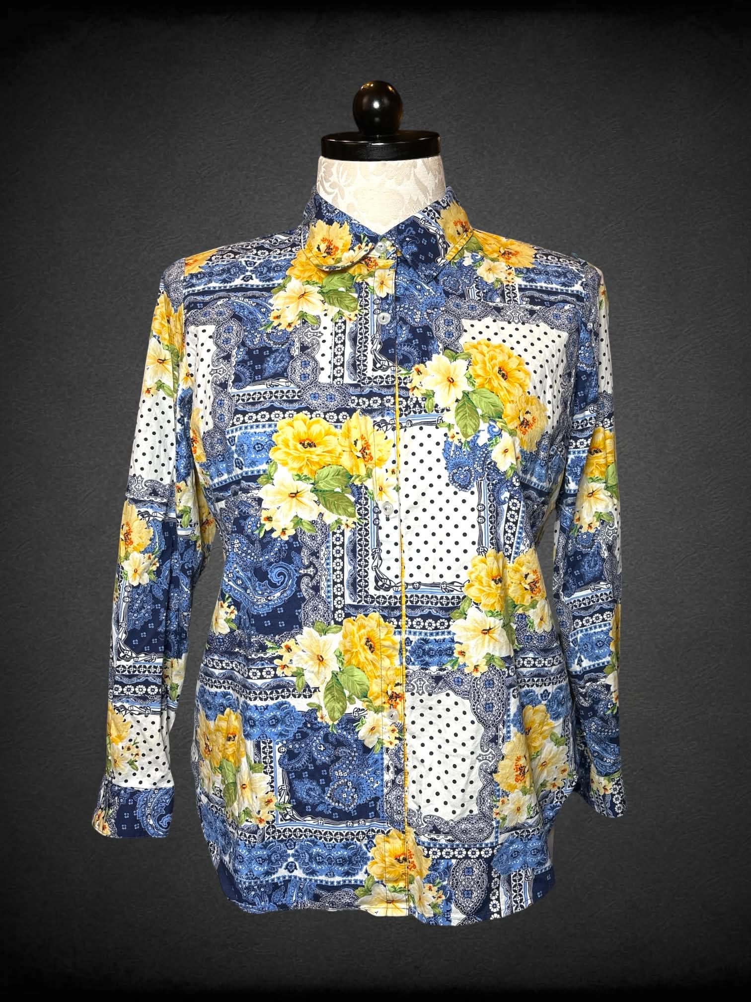 XL Susan Graver white button-up shirt with yellow floral and blue paisley design