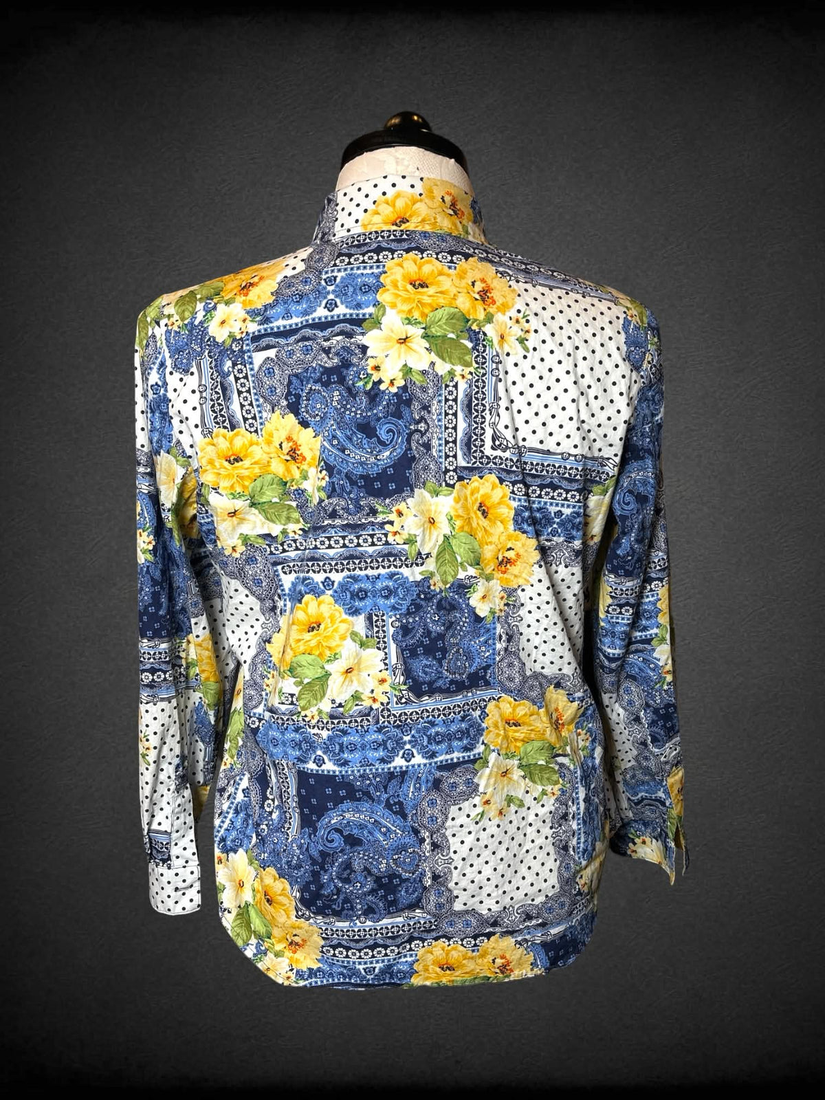XL Susan Graver white button-up shirt with yellow floral and blue paisley design