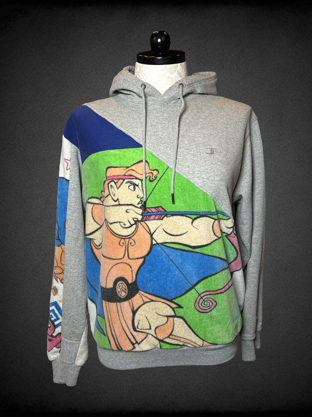 0X Champion hand-made grey hoodie made with 90s Disney’s “Hercules” towel