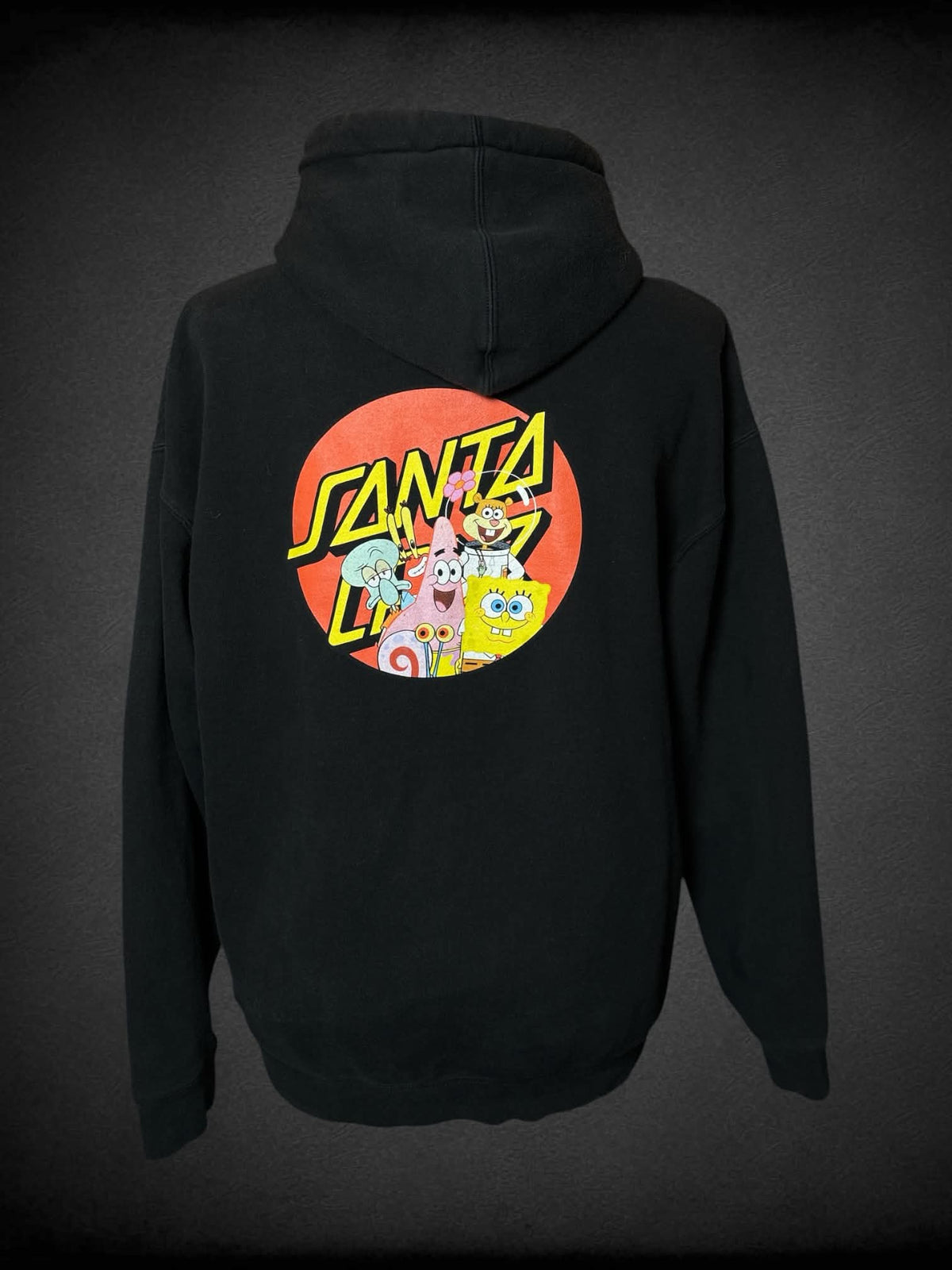 1X Santa Cruz x Nickelodeon black pullover hoodie with “SpongeBob” character logo on back