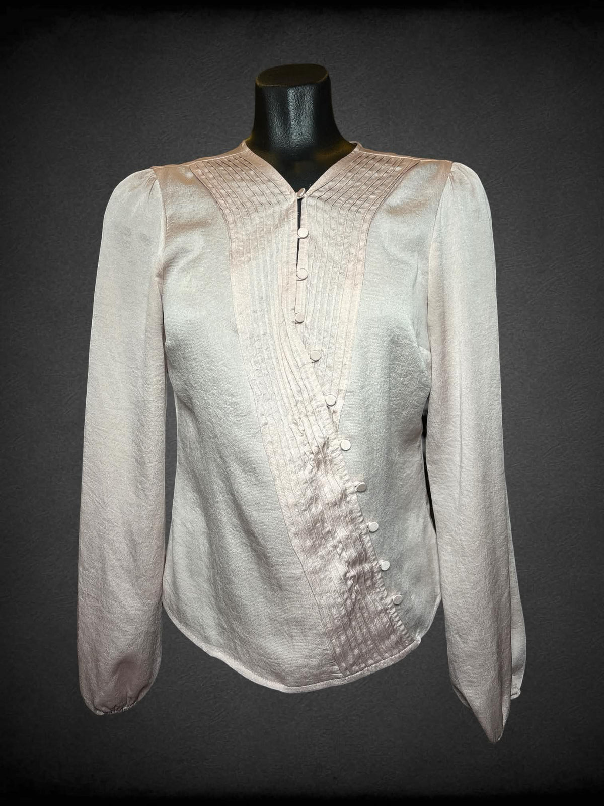 M Express pale pink semi-sheer button-up blouse with pleated asymmetrical design on front