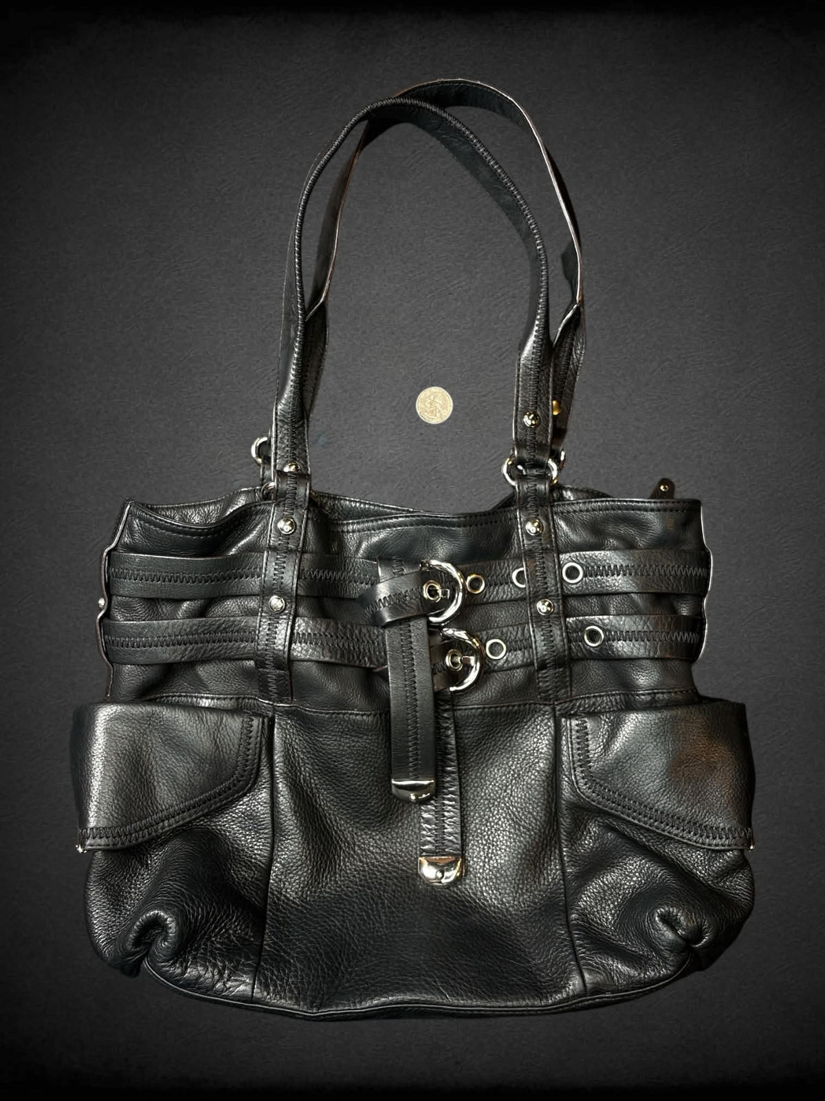 B. Makowsky designer black leather shoulder bag with zipper pockets and magnetic snap button
