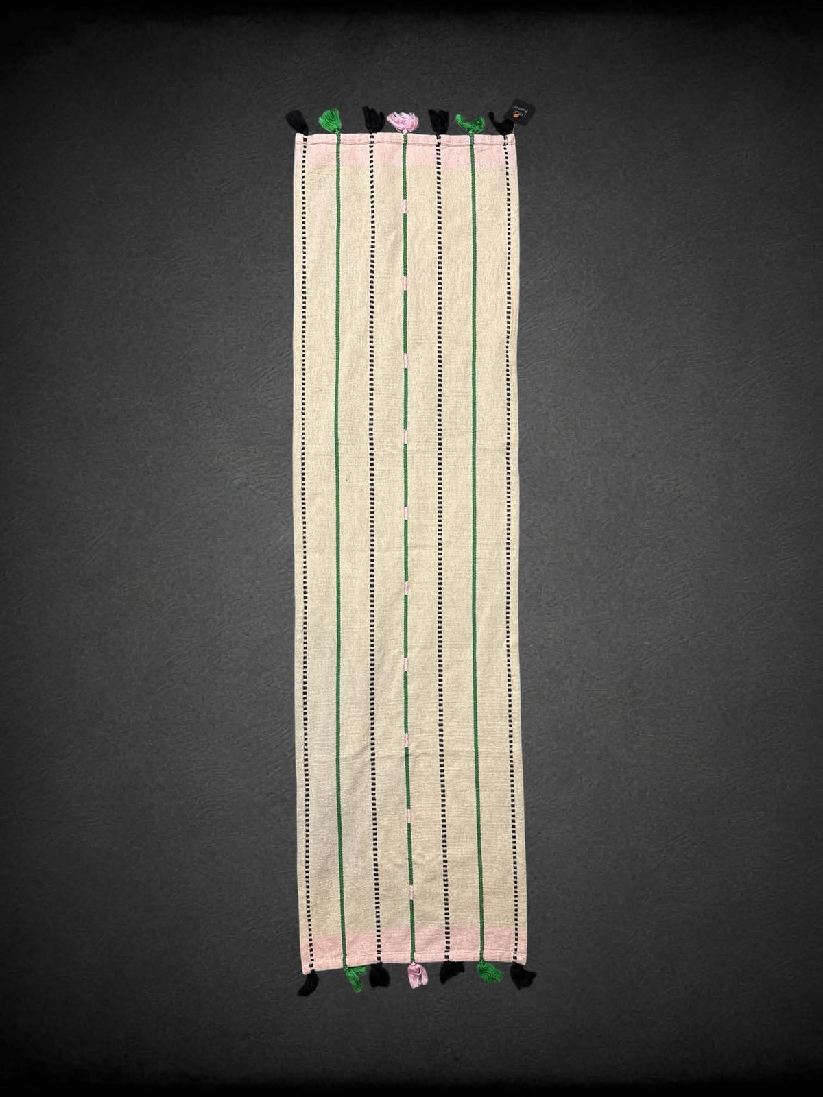 13 x 49 inch white woven table runner with green & pink embroidery