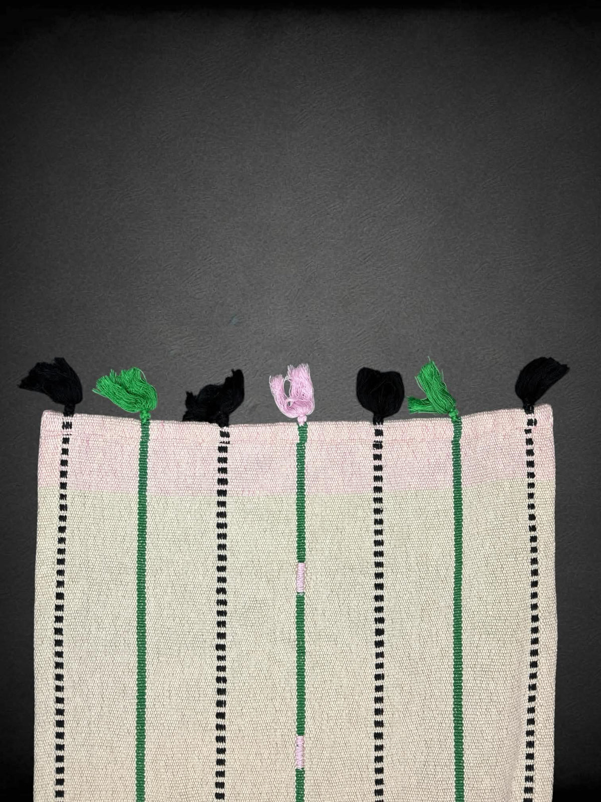 13 x 49 inch white woven table runner with green & pink embroidery