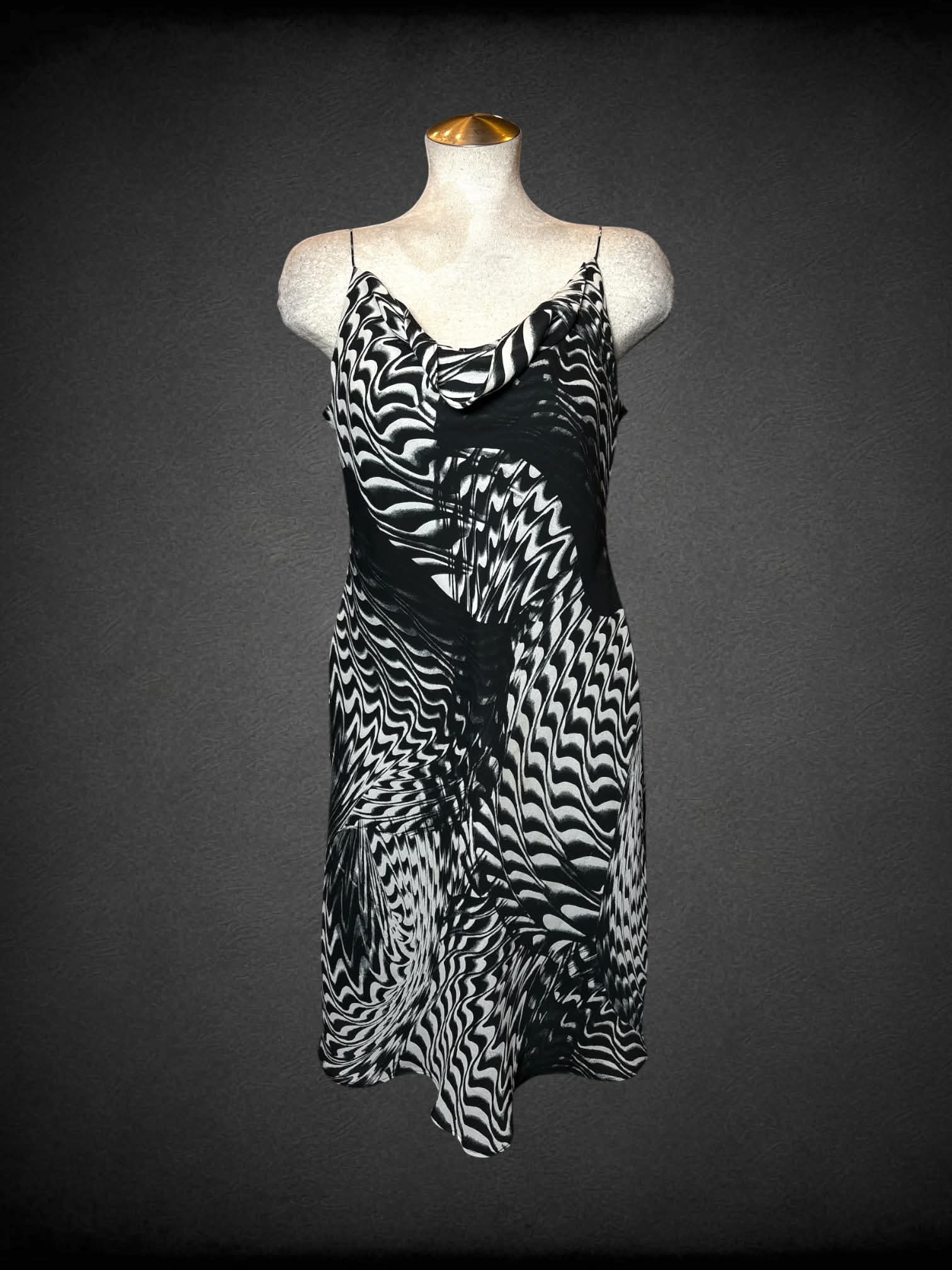 L Positive Attitude vintage black & white dress with swirly abstract design and slouched neckline