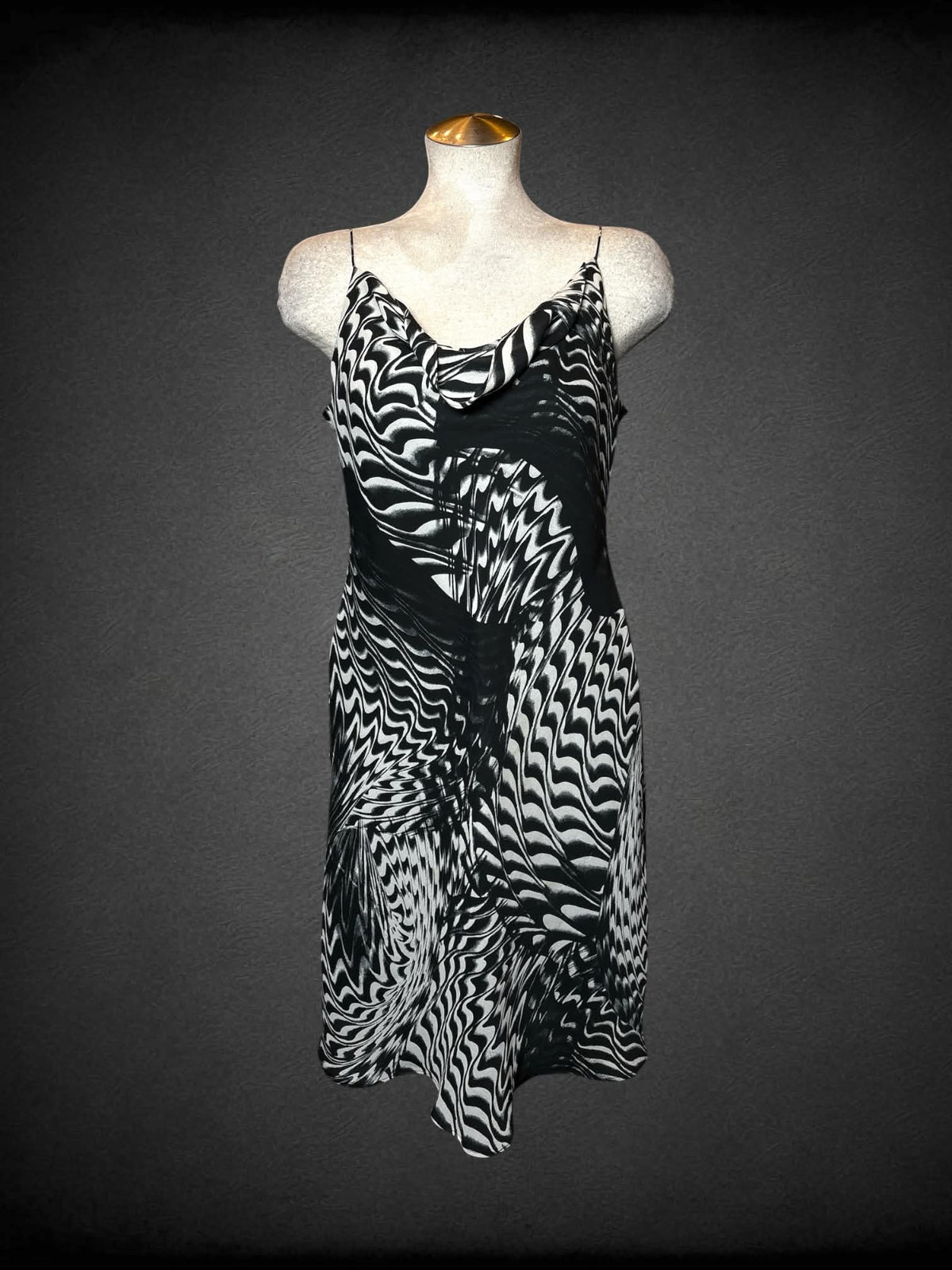 L Positive Attitude vintage black & white dress with swirly abstract design and slouched neckline