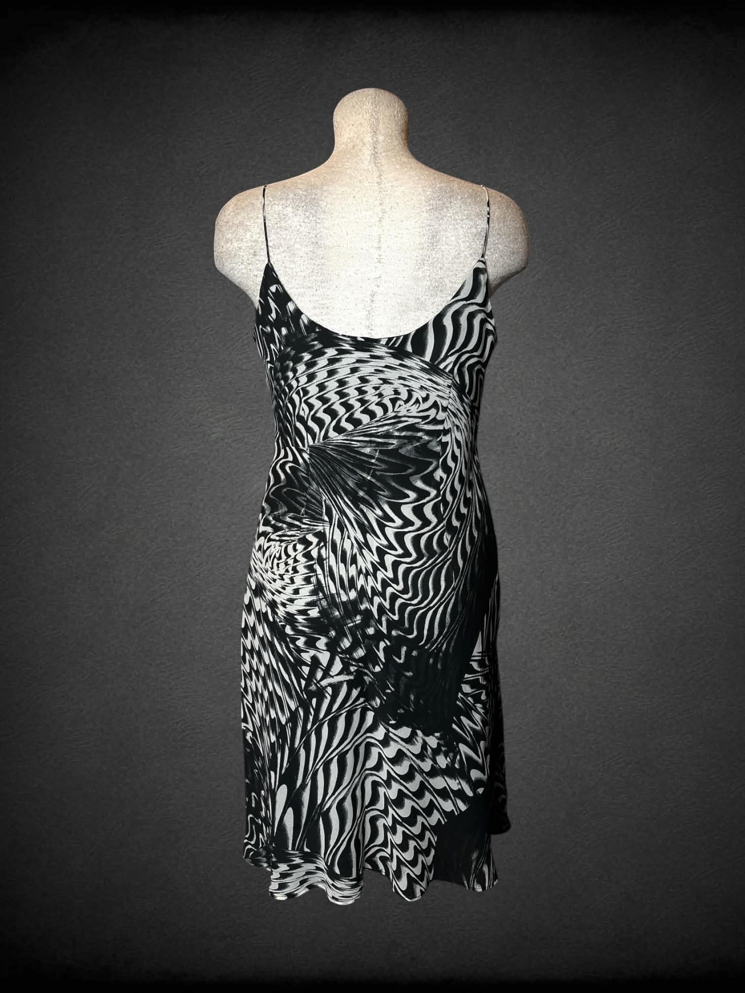 L Positive Attitude vintage black & white dress with swirly abstract design and slouched neckline