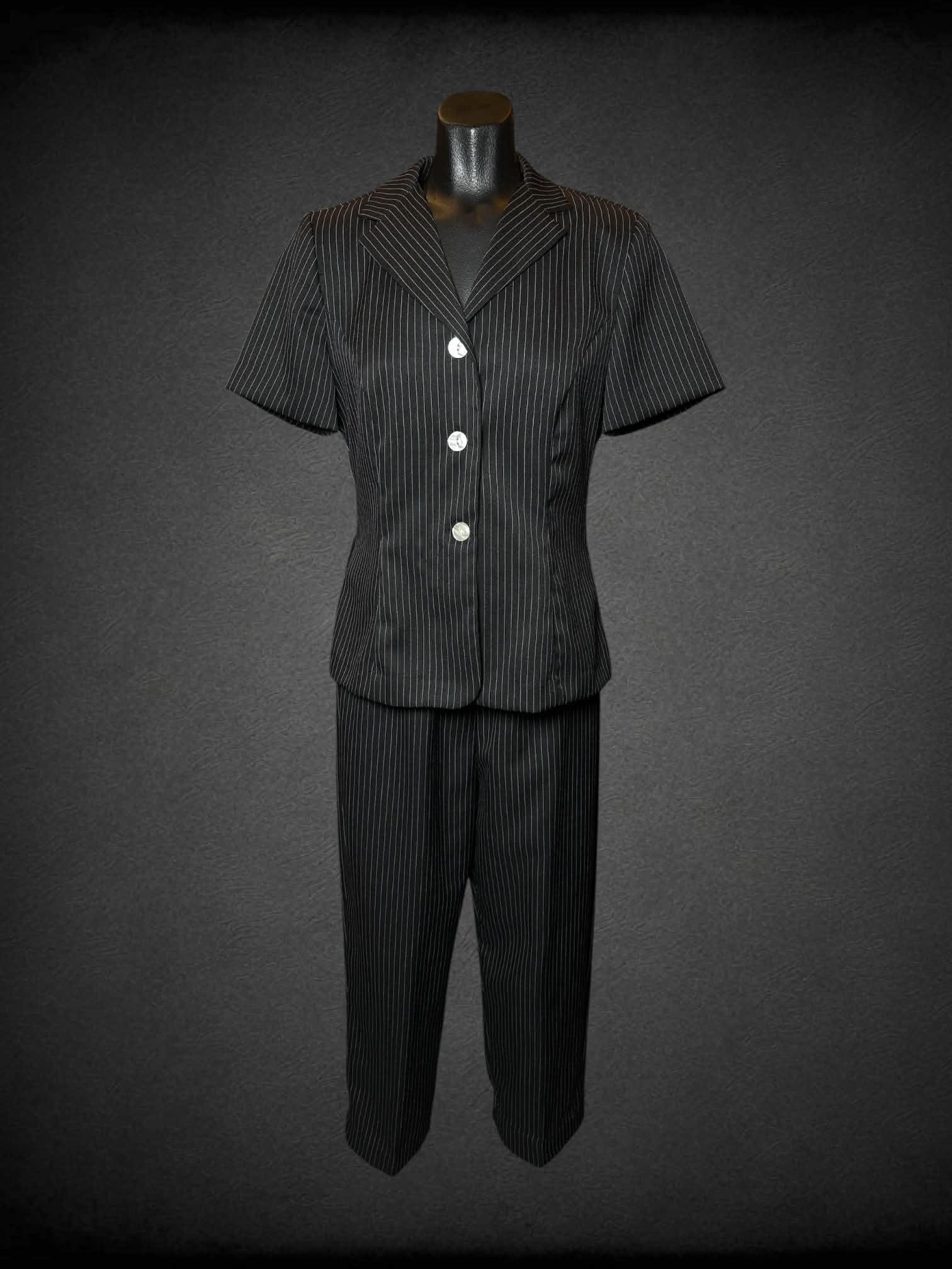 M Danny & Nicole vintage two-piece set with black formal pants and button-up top, with striped pattern