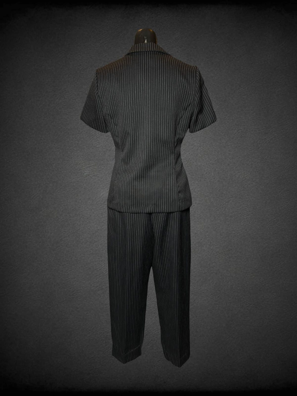 M Danny & Nicole vintage two-piece set with black formal pants and button-up top, with striped pattern