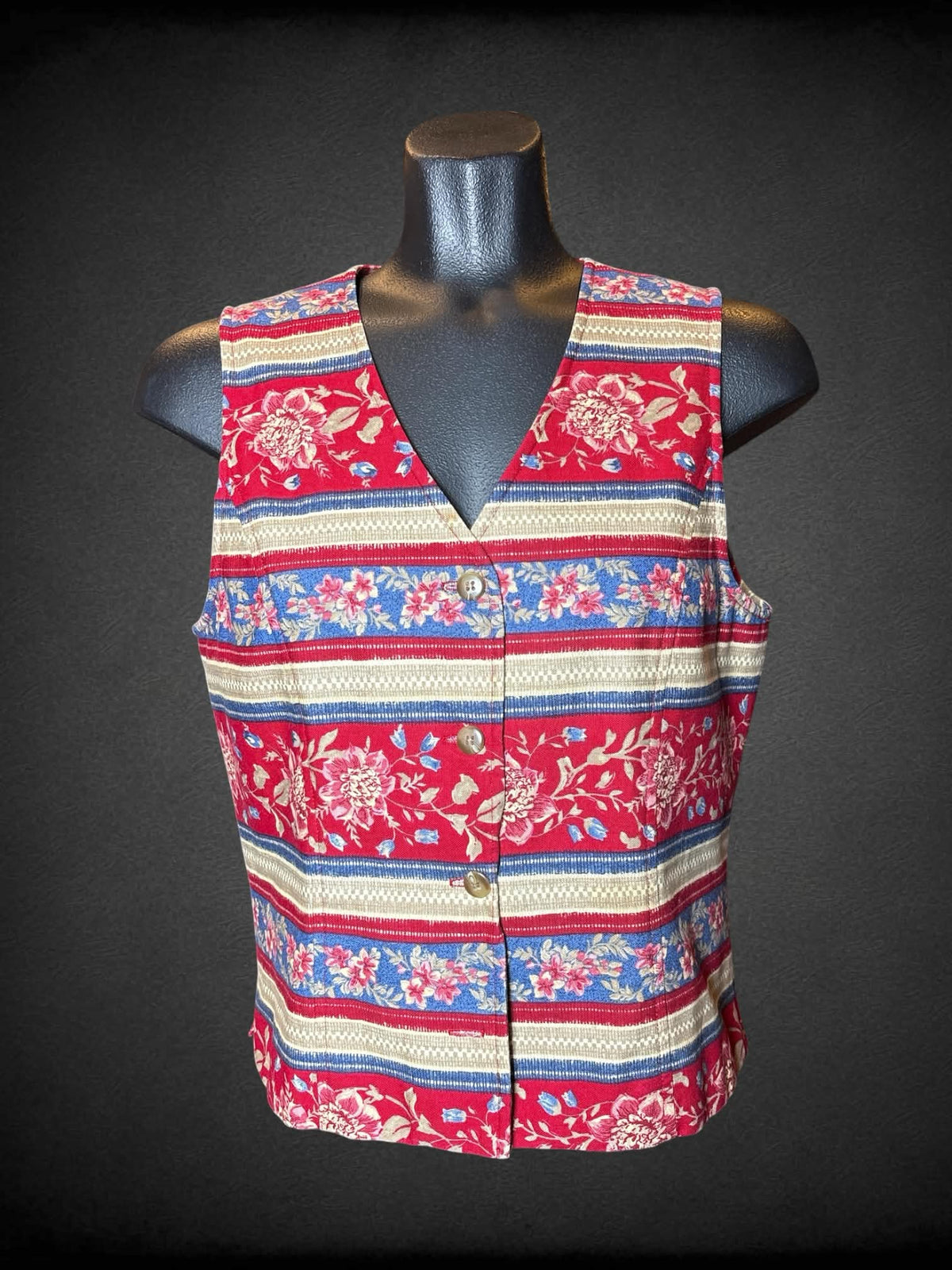 M Talbots red button-up vest with floral patterns