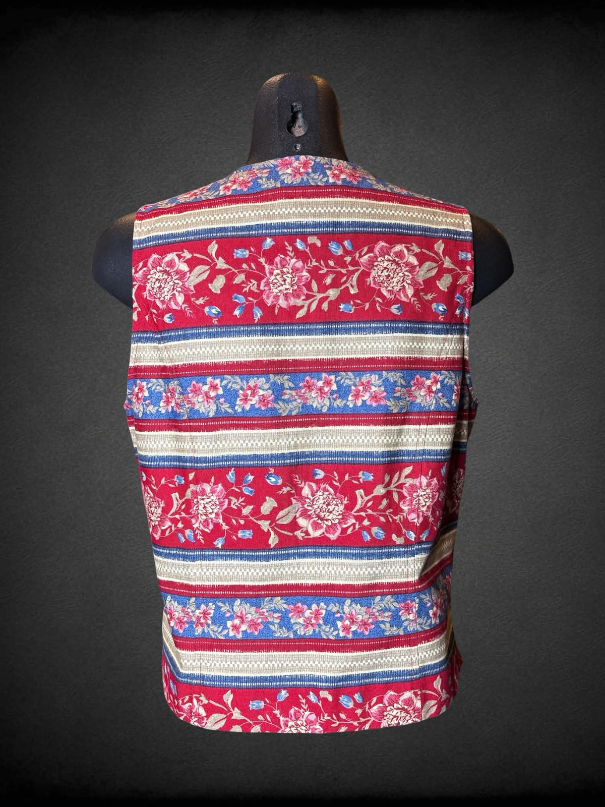M Talbots red button-up vest with floral patterns