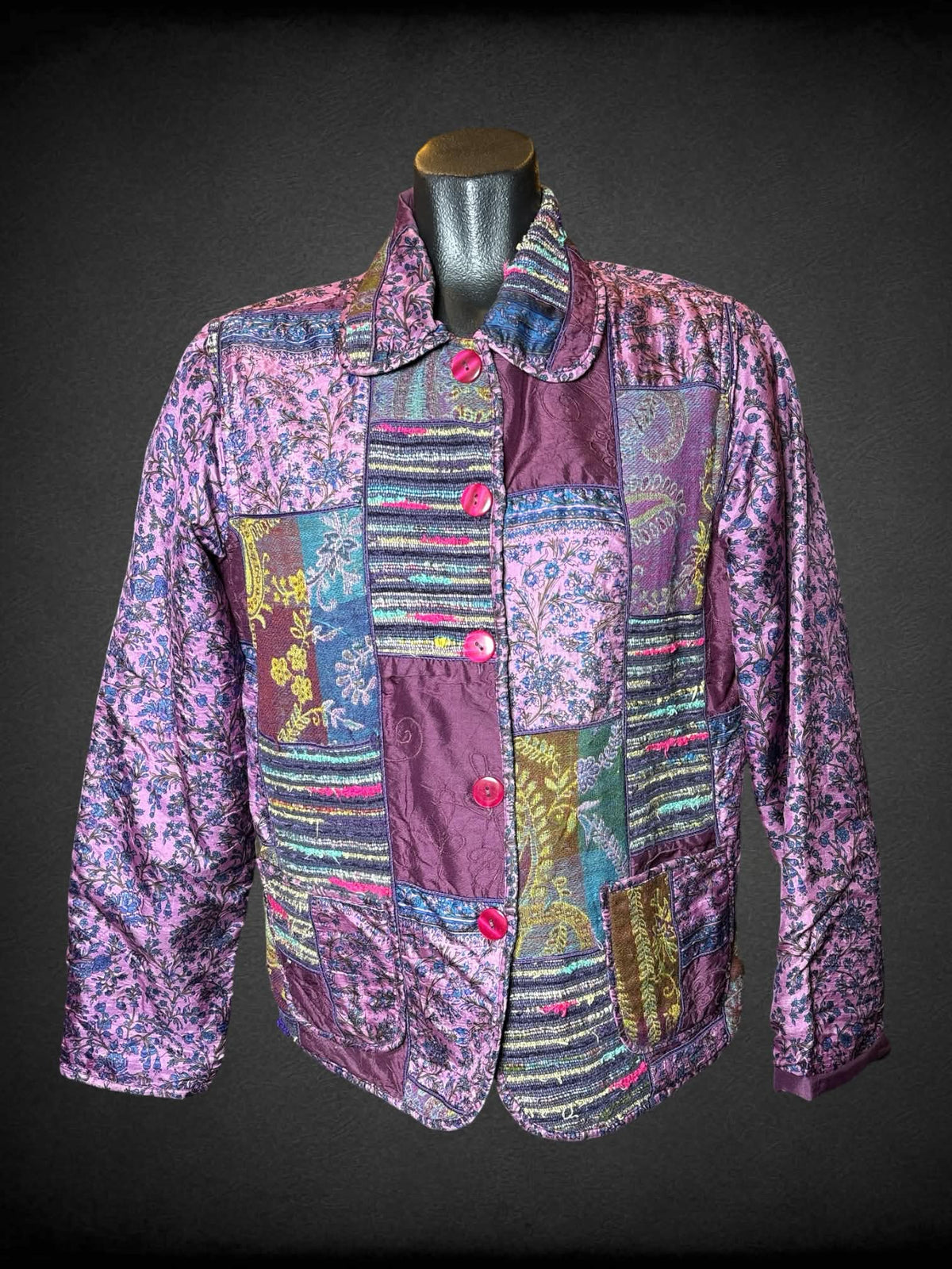 M Coldwater Creek purple button-up coat with “quilt-like” floral and striped patterns