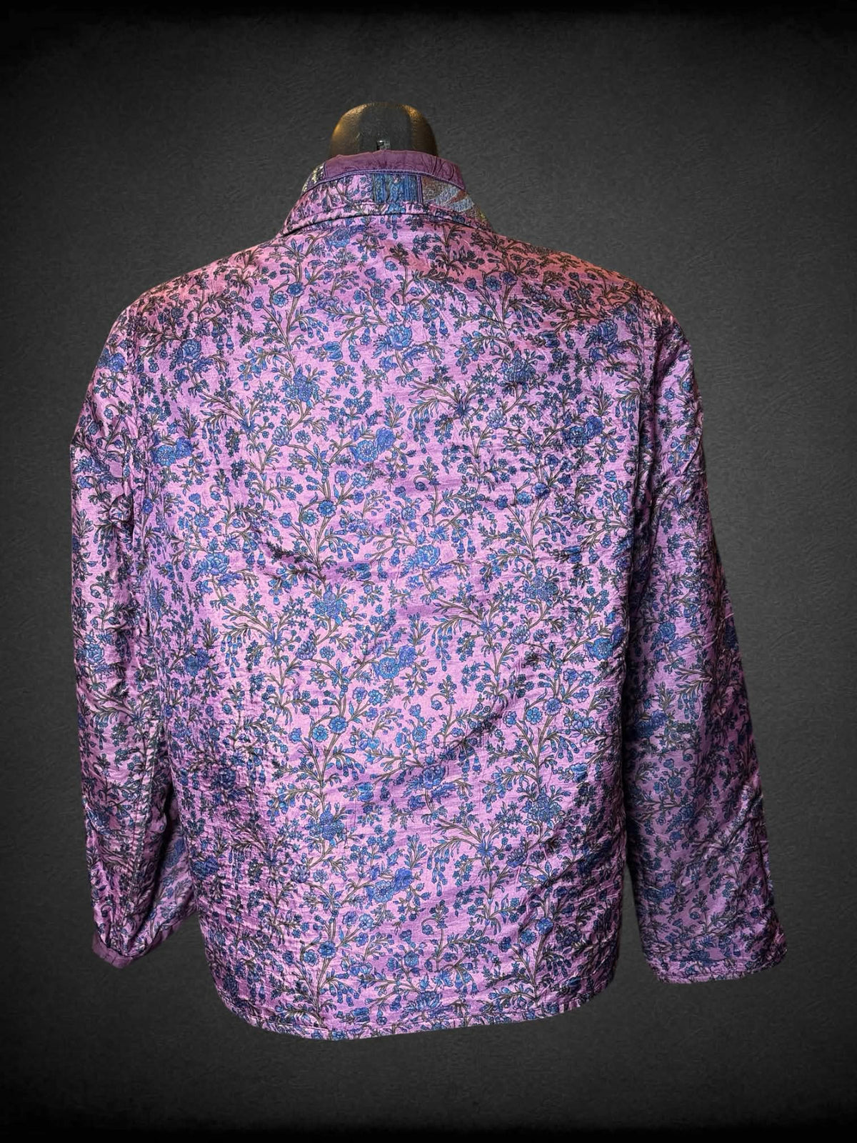 M Coldwater Creek purple button-up coat with “quilt-like” floral and striped patterns