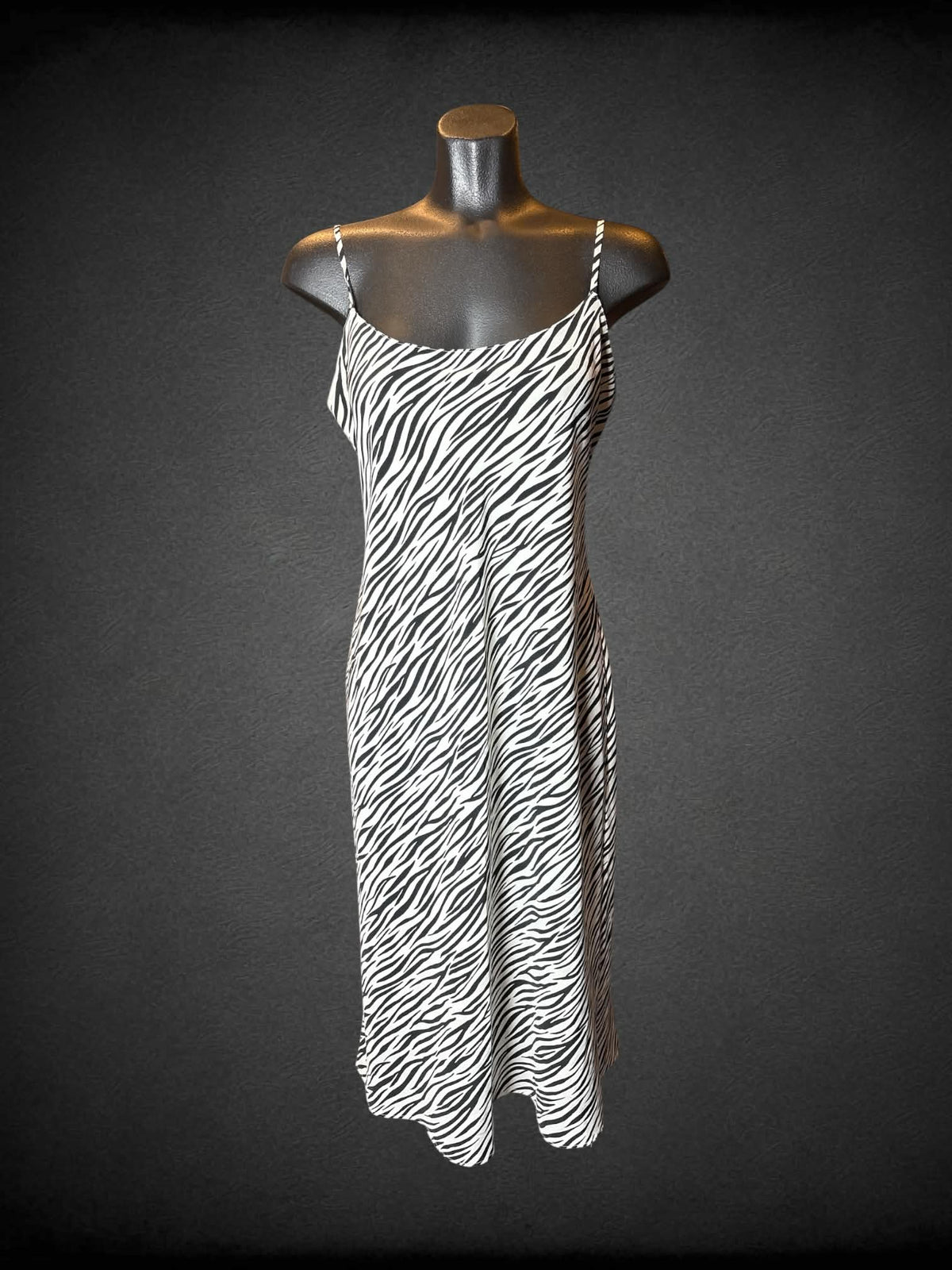 M Natori white slip dress with zebra pattern, and adjustable straps