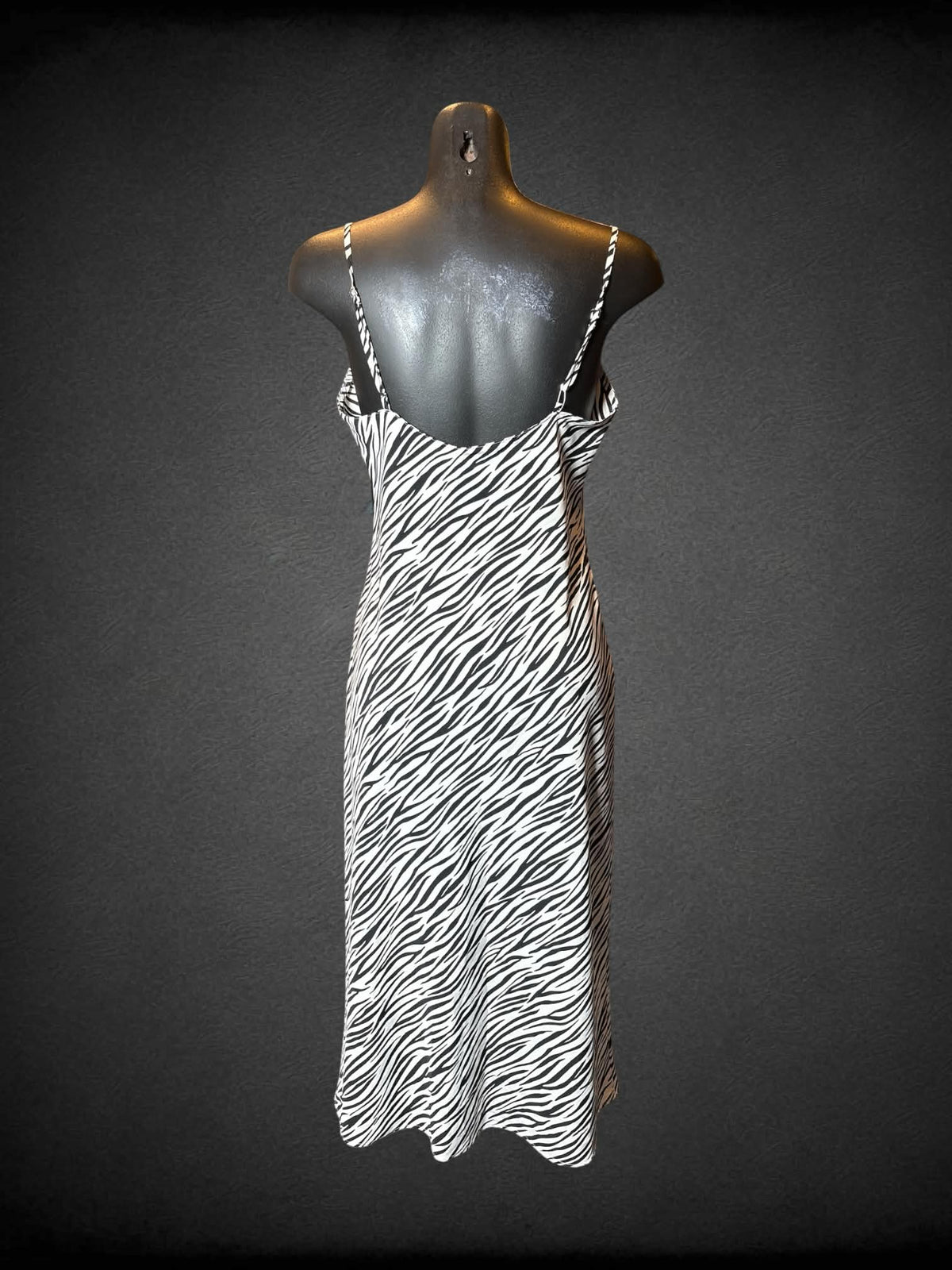 M Natori white slip dress with zebra pattern, and adjustable straps