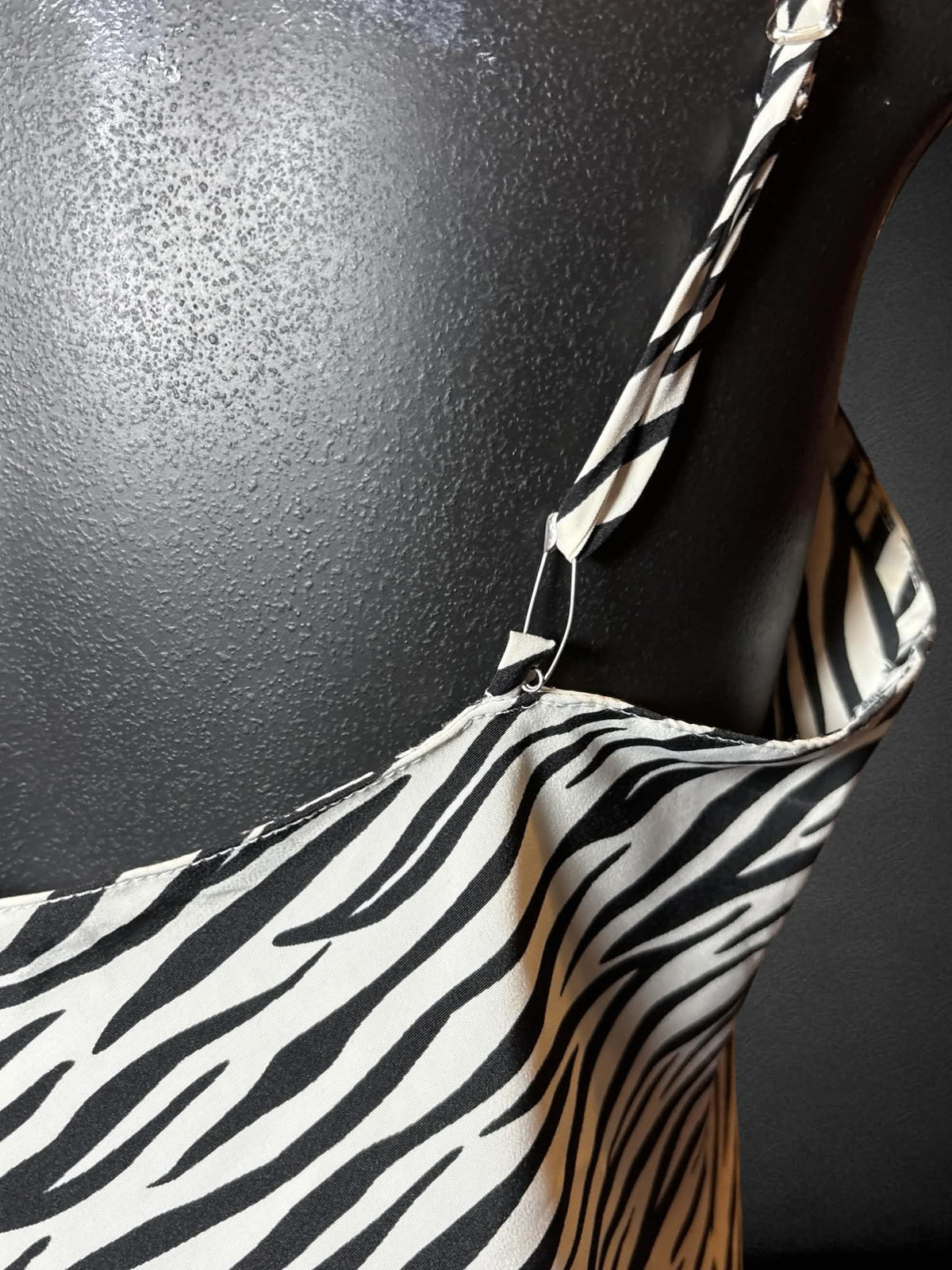 M Natori white slip dress with zebra pattern, and adjustable straps