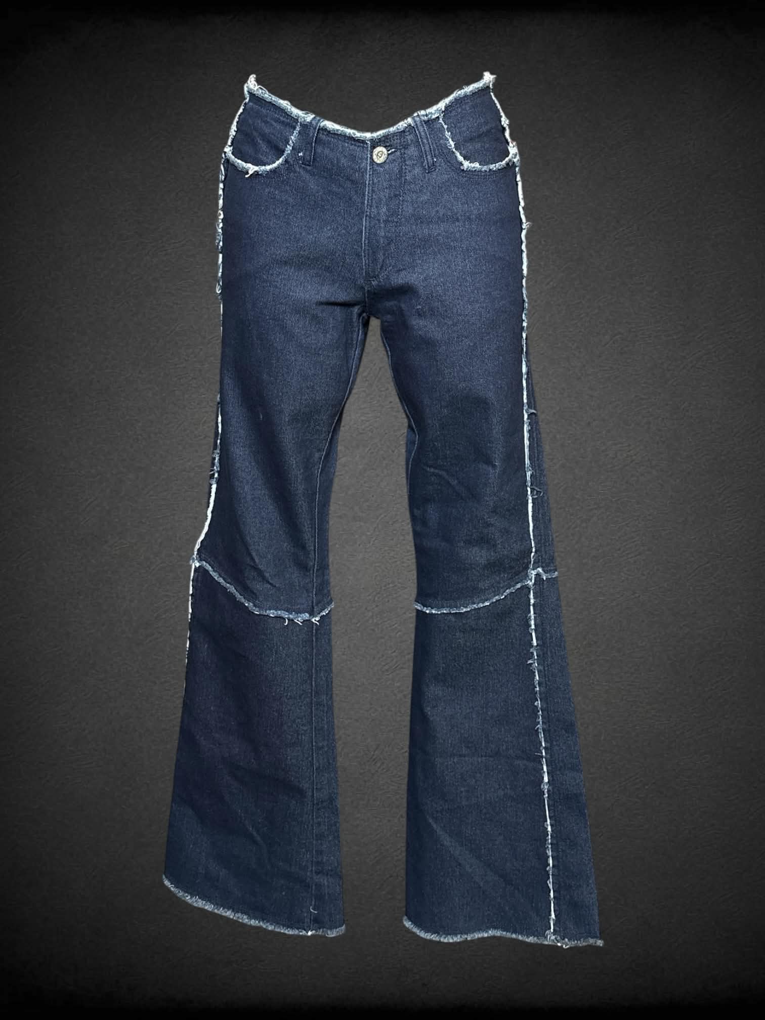 S Lazer Jeans Y2K dark blue low-rise flare jeans with distressed design