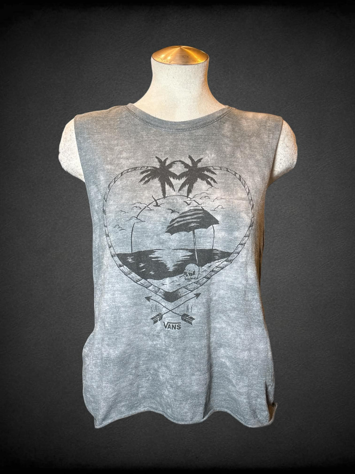 L Vans grey marble tie-dye muscle t shirt with beach graphic on front