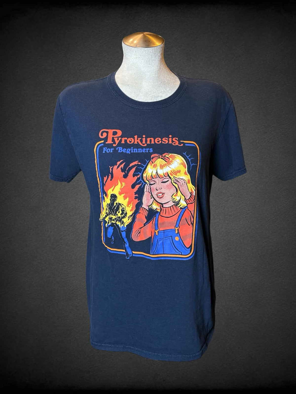 L Black Matter navy blue t shirt with “Pyrokinesis For Beginners” graphic on front
