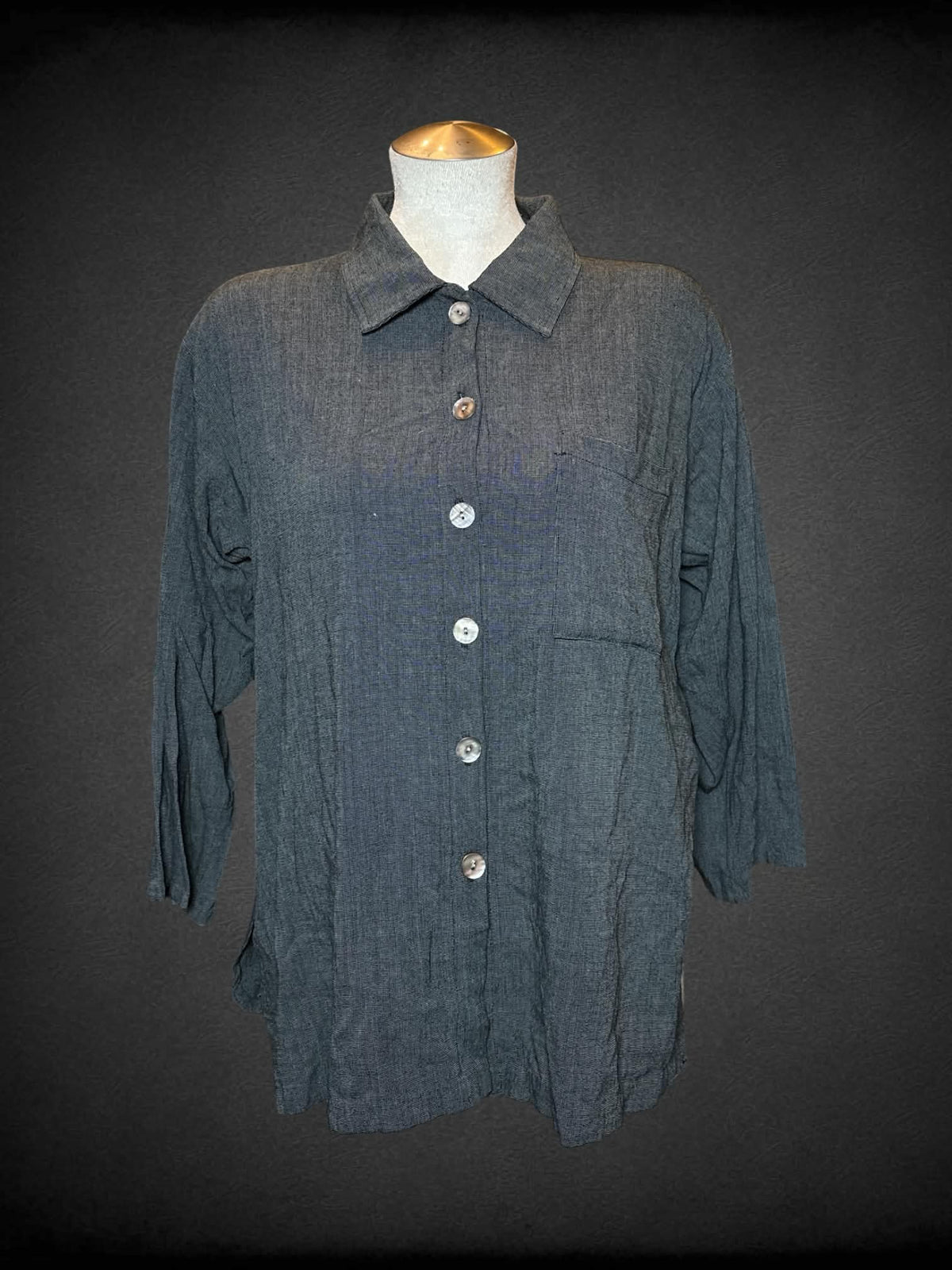 L CTC vintage grey three-quarter sleeve button up shirt with pocket on front