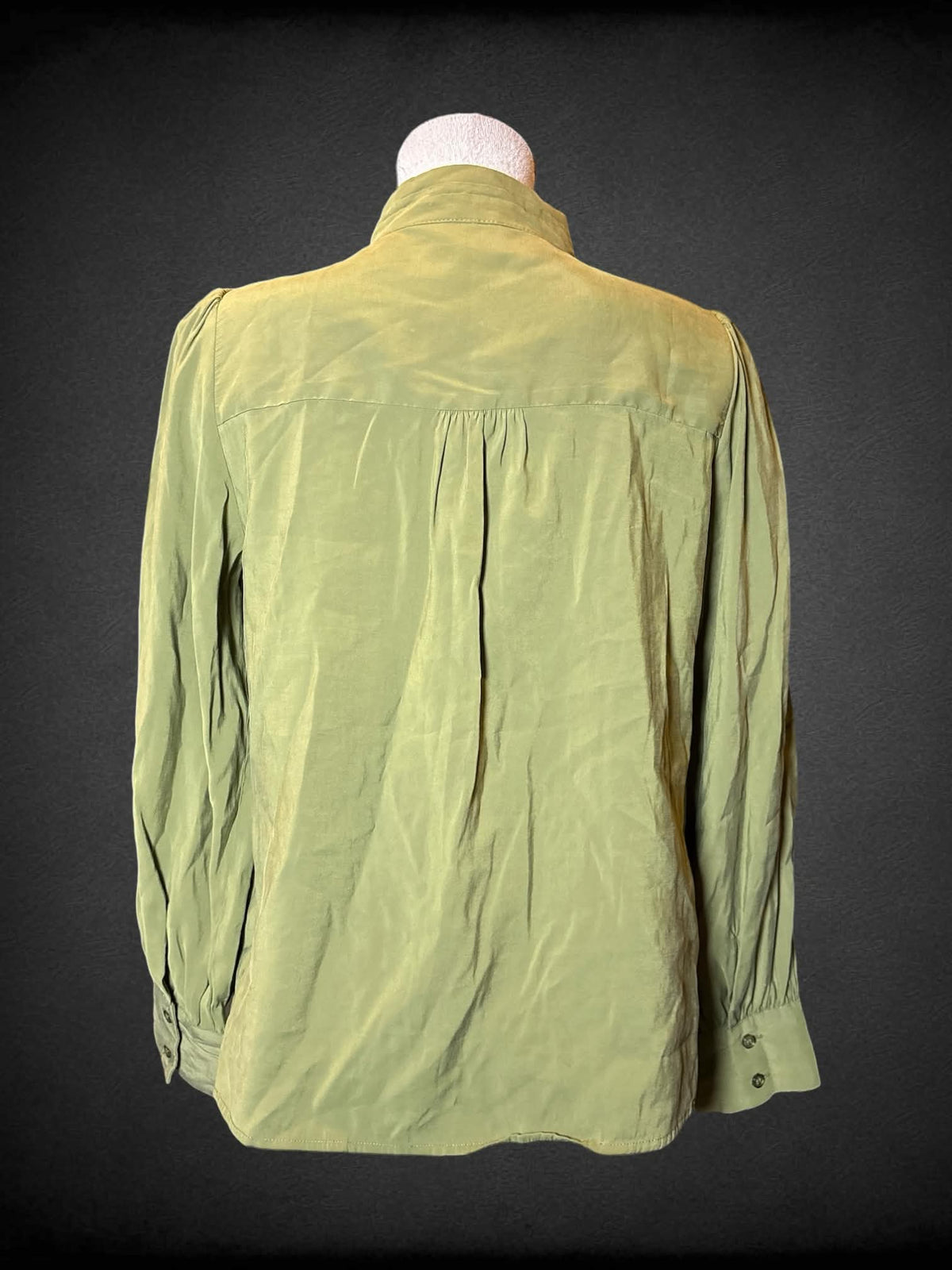 L Velvet Heart moss green long-sleeve blouse with bow design on front
