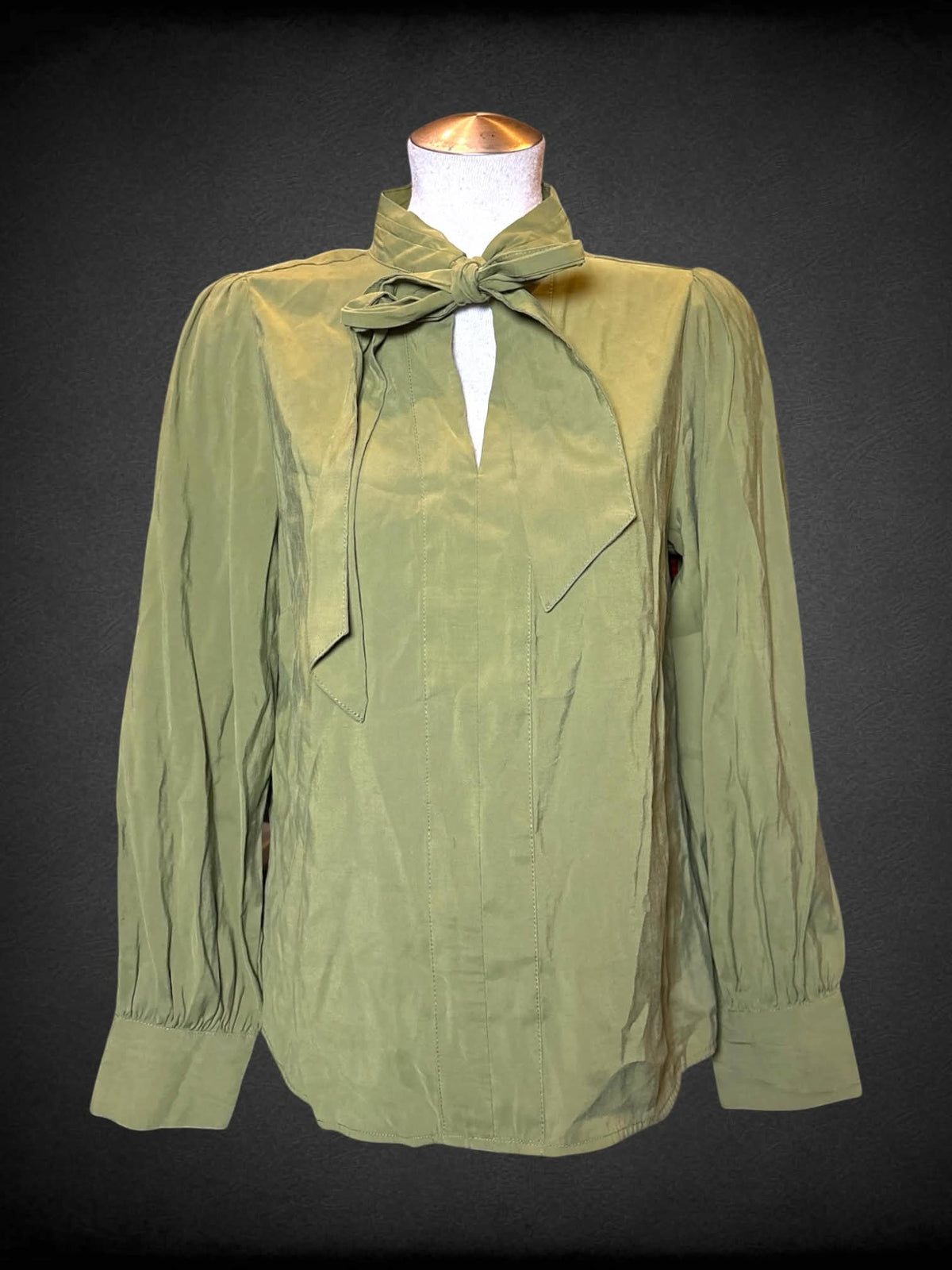 L Velvet Heart moss green long-sleeve blouse with bow design on front