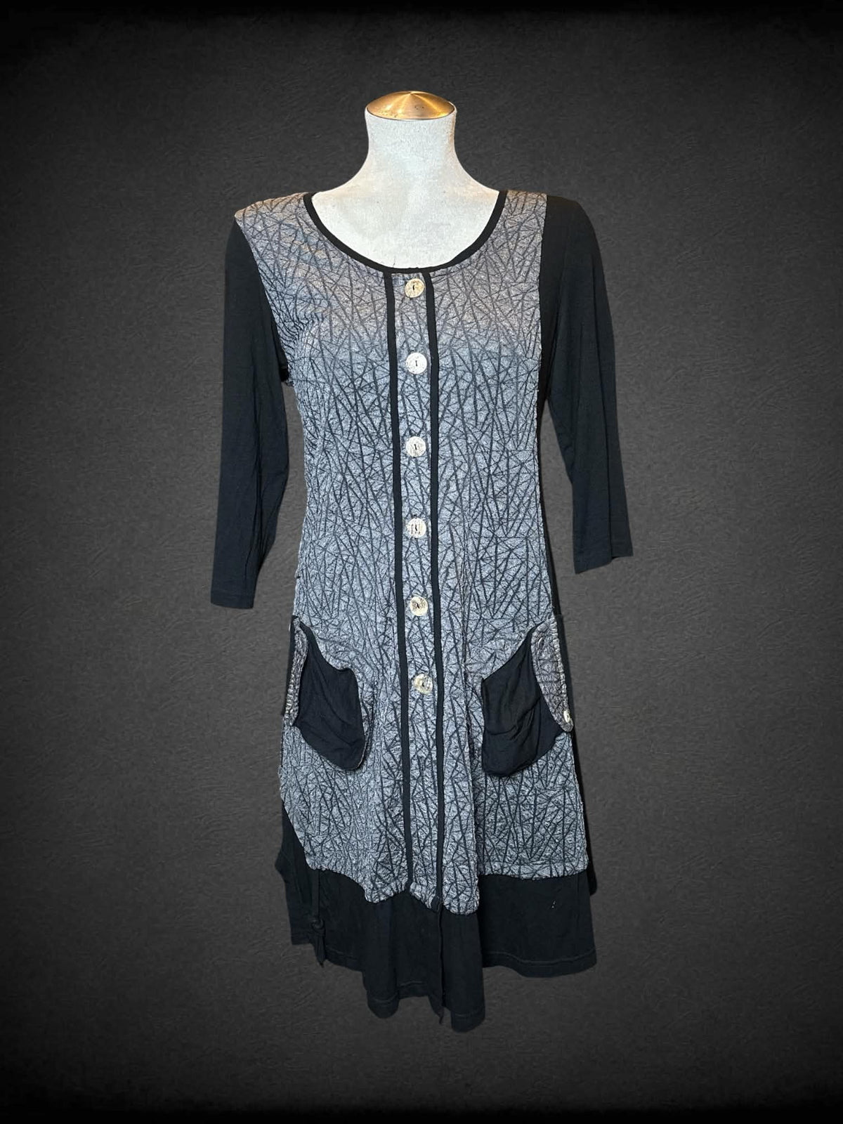 L Dzhavael black and grey button-up dress with pockets, and textured design on front