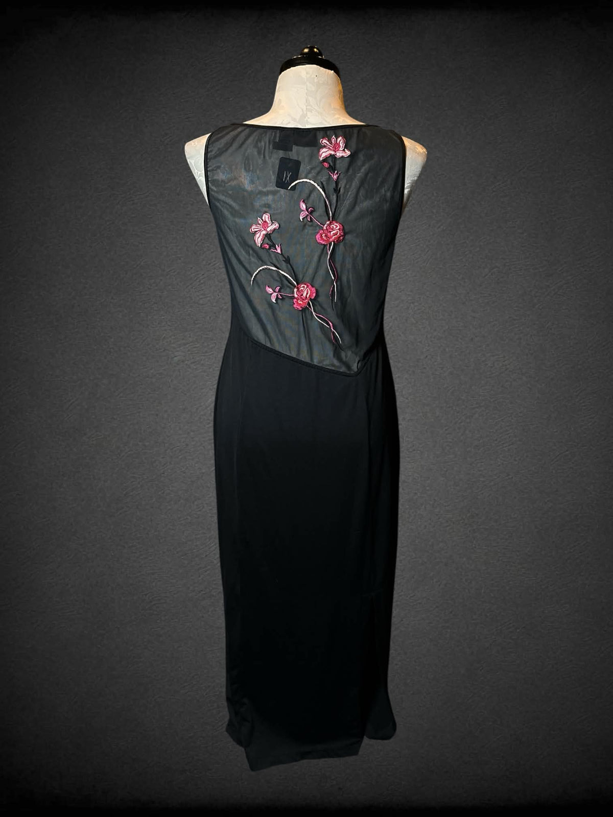 1X Shape FX black dress with mesh back, and embroidered pink floral design on back
