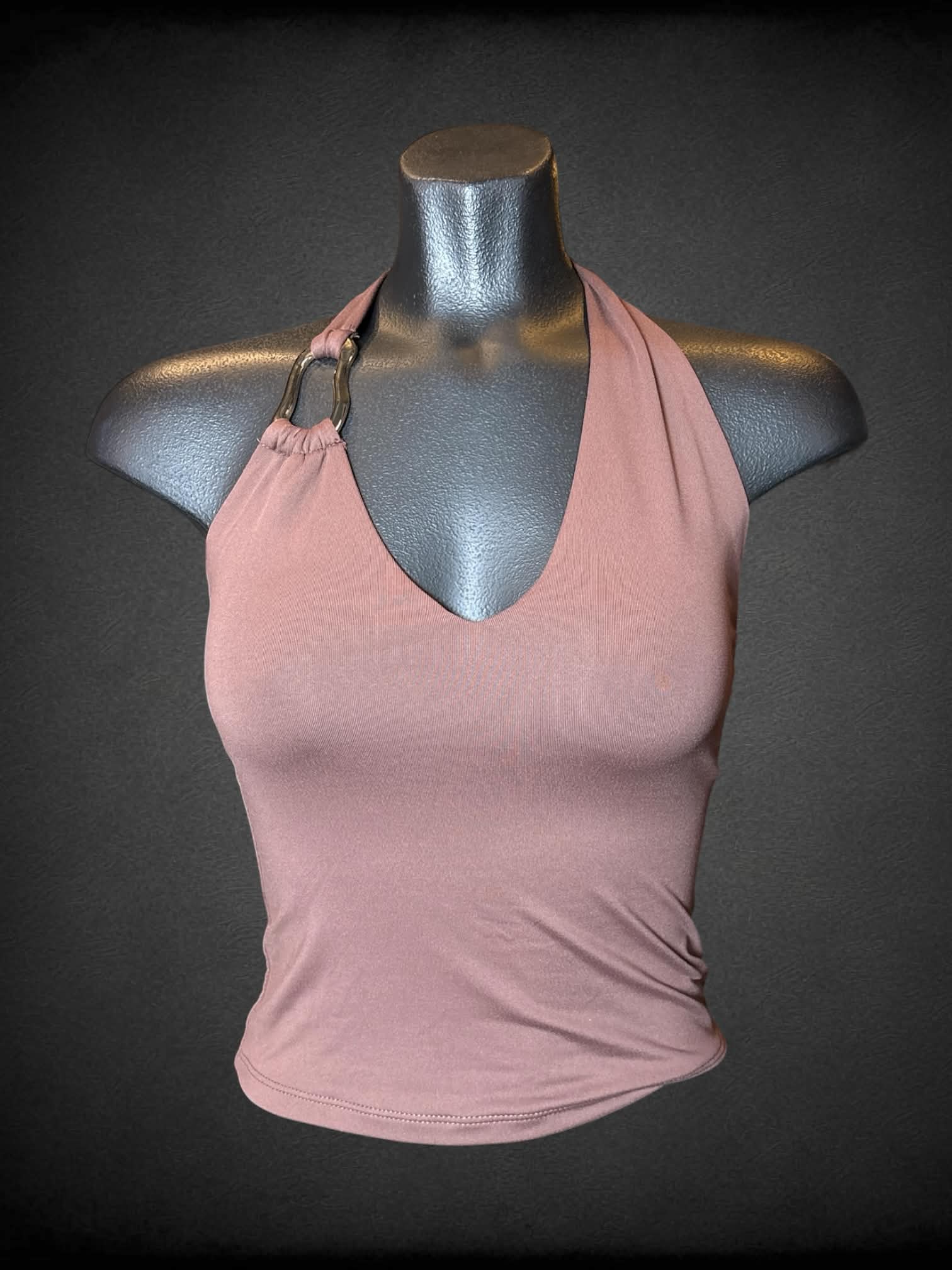 S Pink Rose brown halter top with decorative gold charm