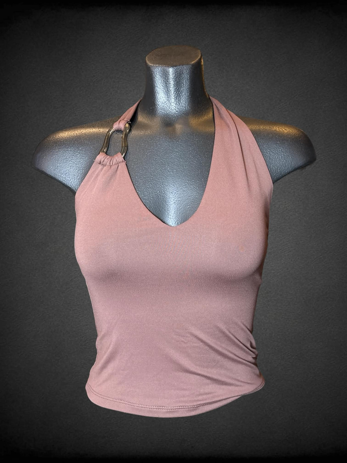 S Pink Rose brown halter top with decorative gold charm