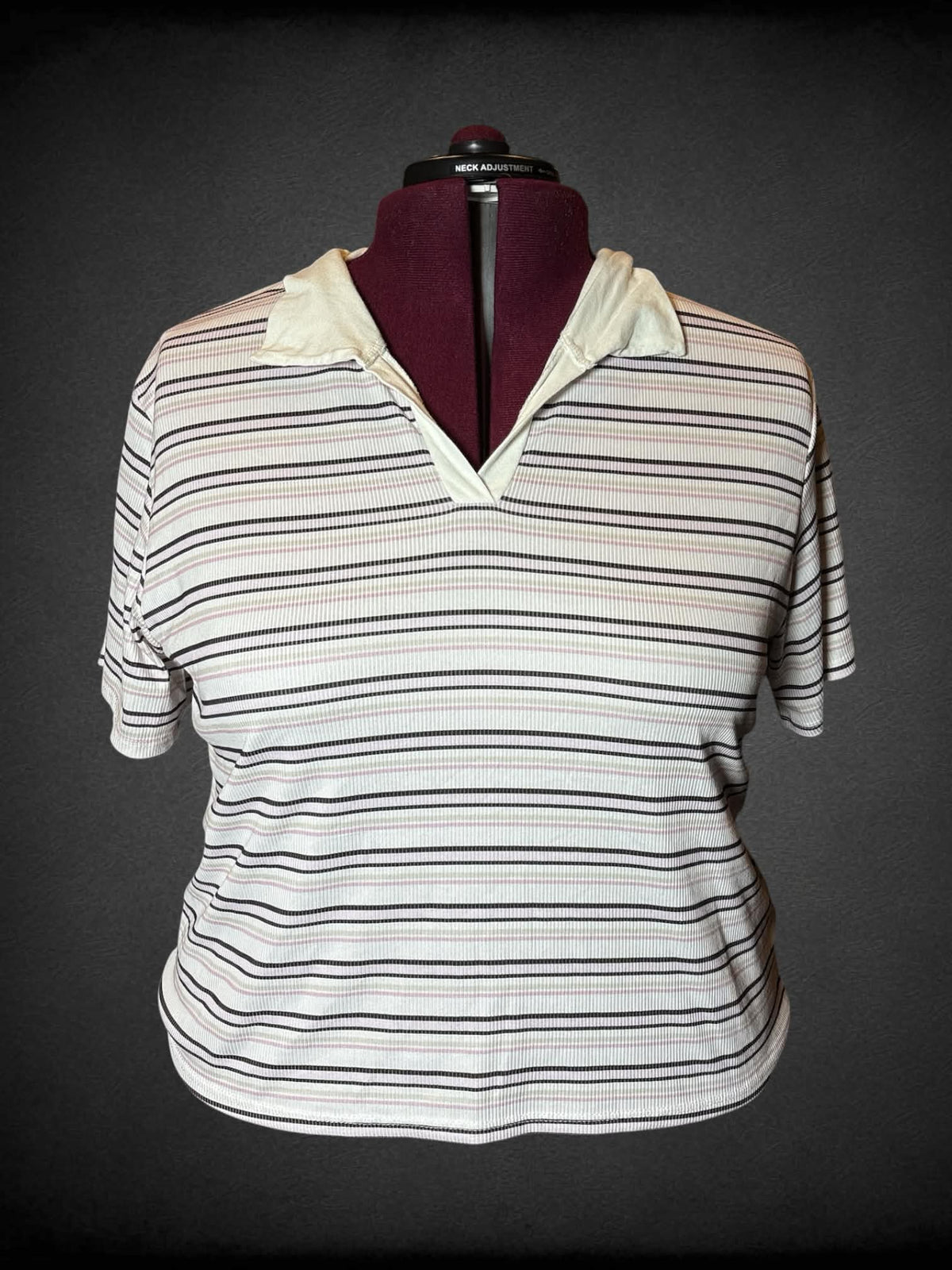 3X French Pastry white cropped ribbed polo top with pink & black striped design