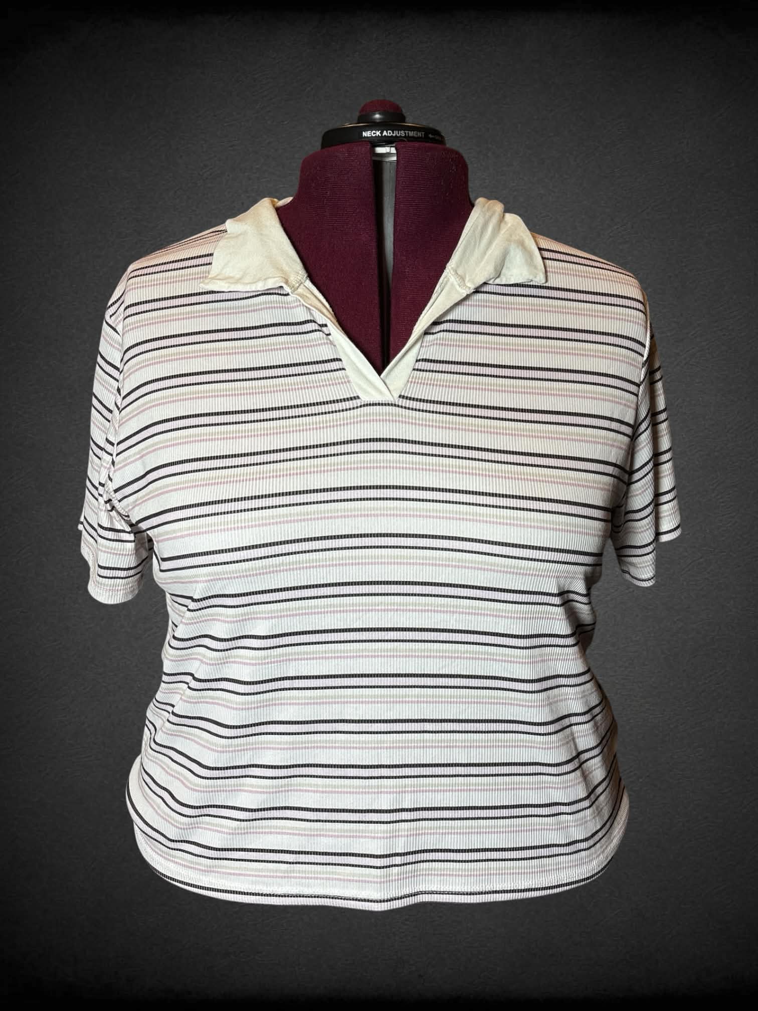 3X French Pastry white cropped ribbed polo top with pink & black striped design