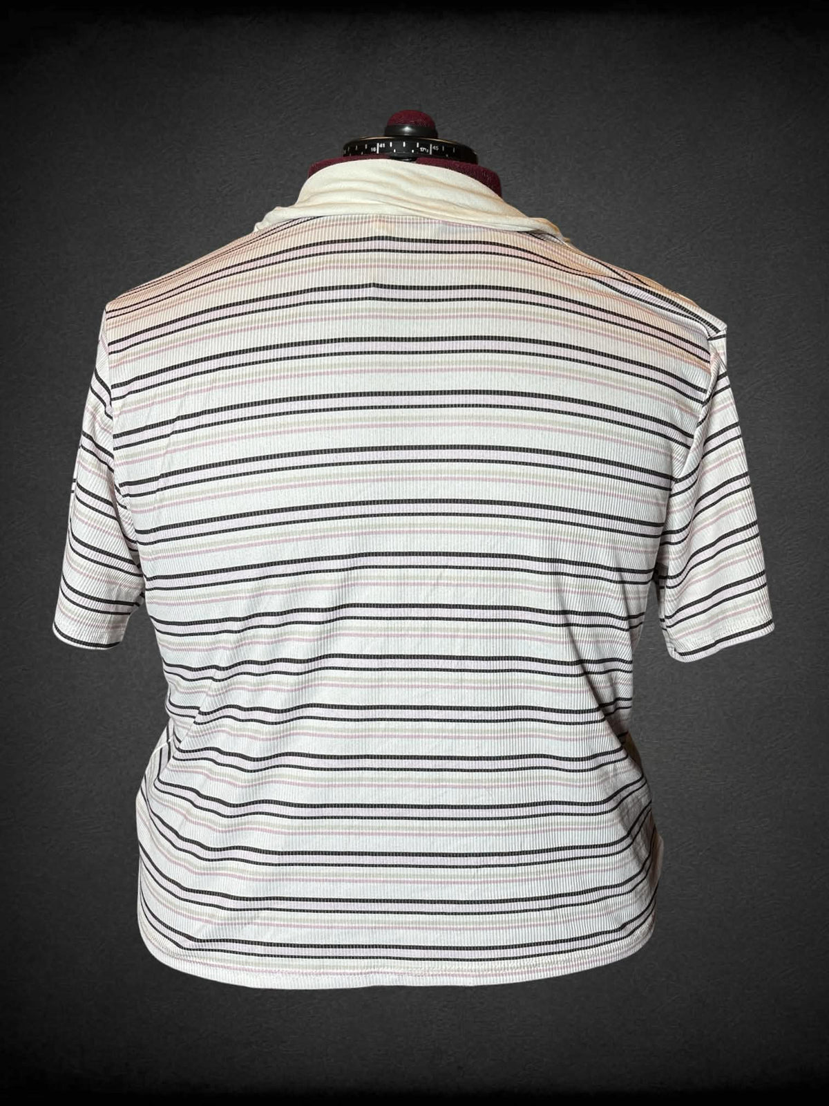 3X French Pastry white cropped ribbed polo top with pink & black striped design