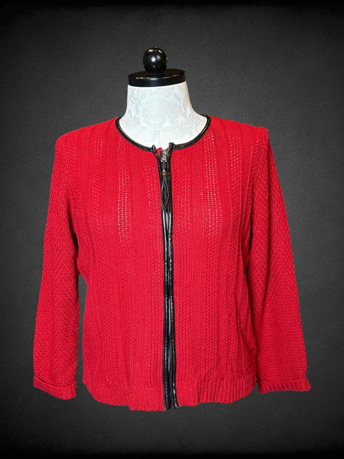1X Cynthia Rowley red knit zip-up sweater with faux leather lining
