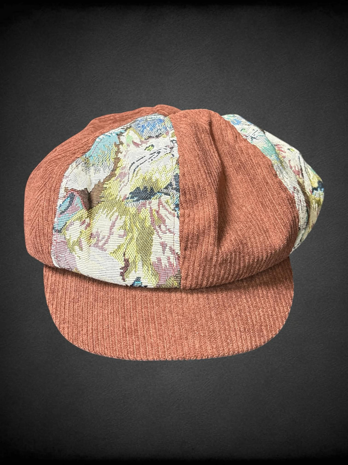 Brown corduroy flat cap with cat tapestry pattern