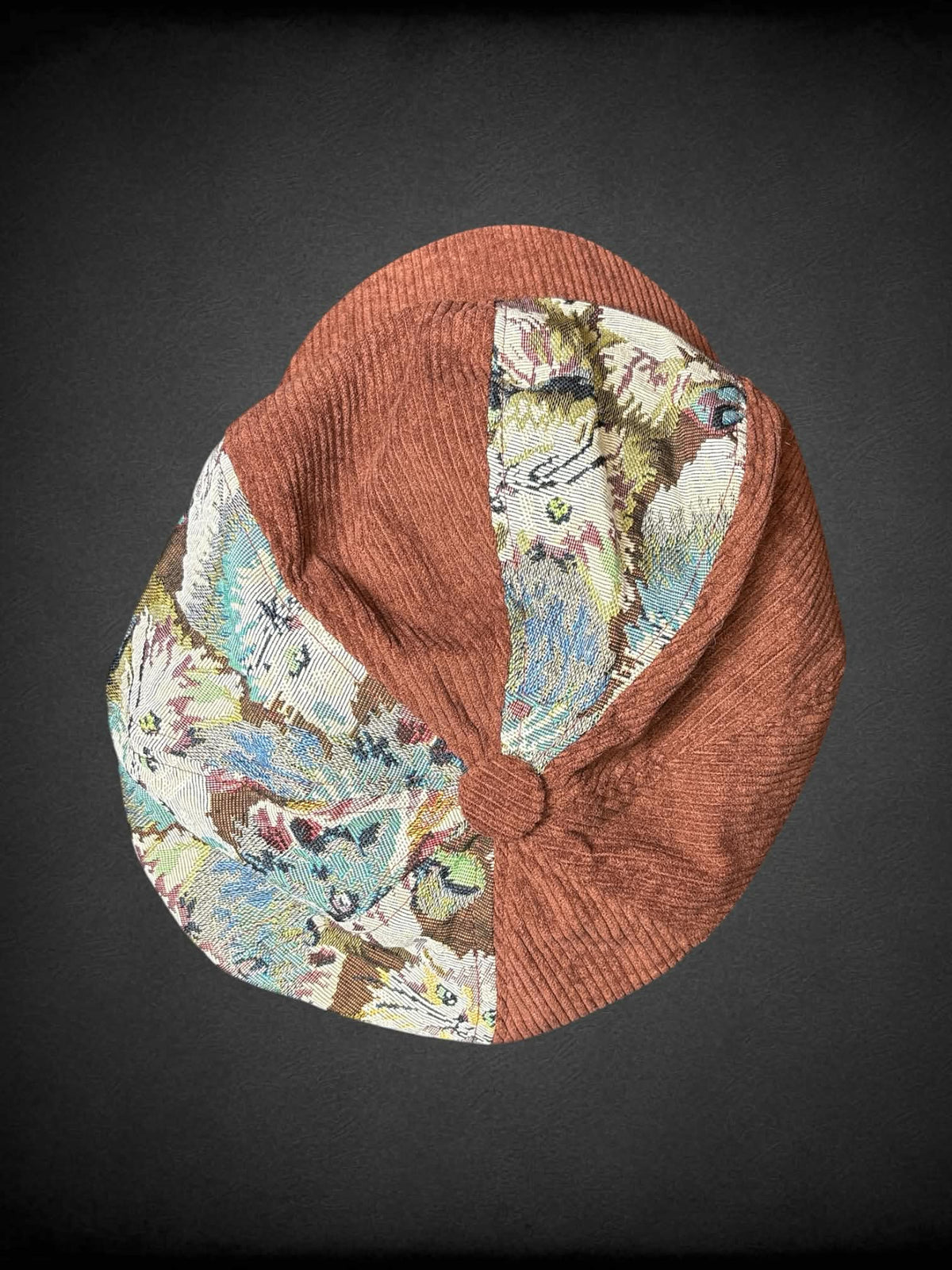 Brown corduroy flat cap with cat tapestry pattern