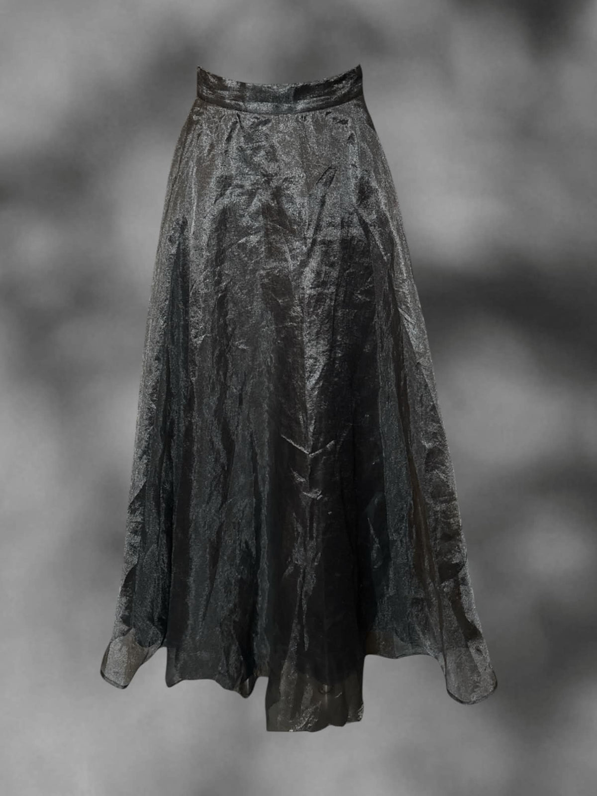 XS JS Collections vintage high-waisted layered black skirt with sheer outer layer, and zipper and button on back