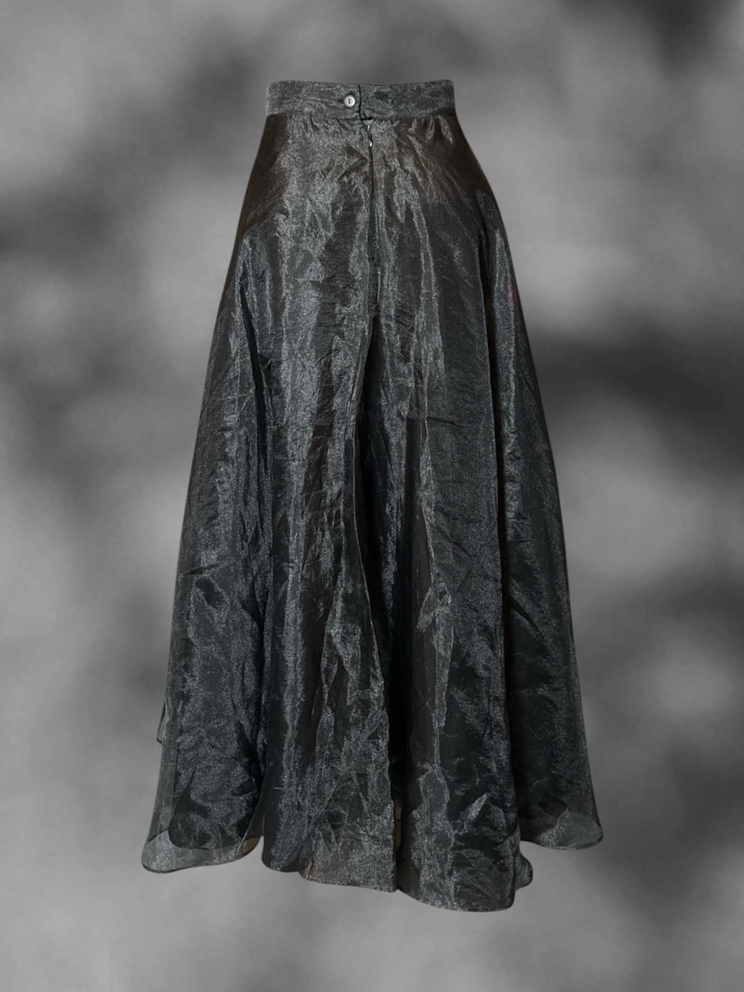 XS JS Collections vintage high-waisted layered black skirt with sheer outer layer, and zipper and button on back