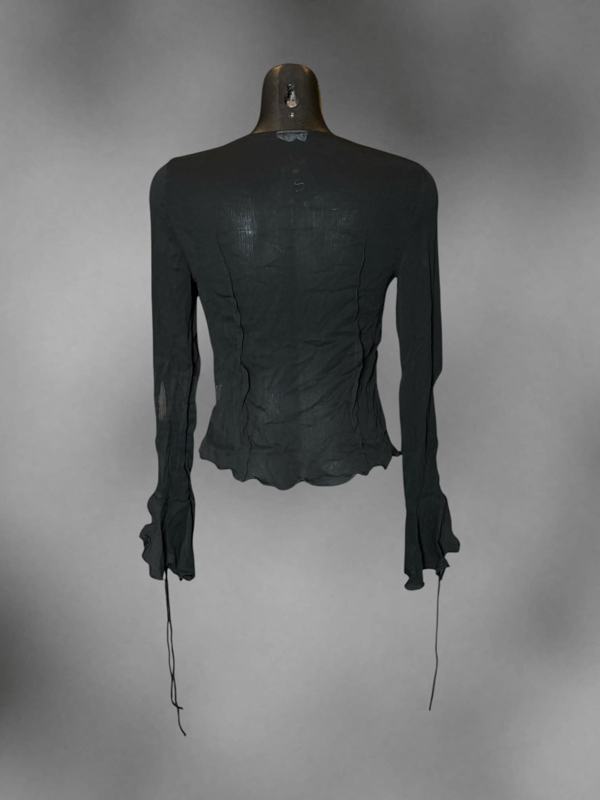 S Rumours black sheer long-sleeve blouse with cutout design on front, and tie up laces on front and sleeves