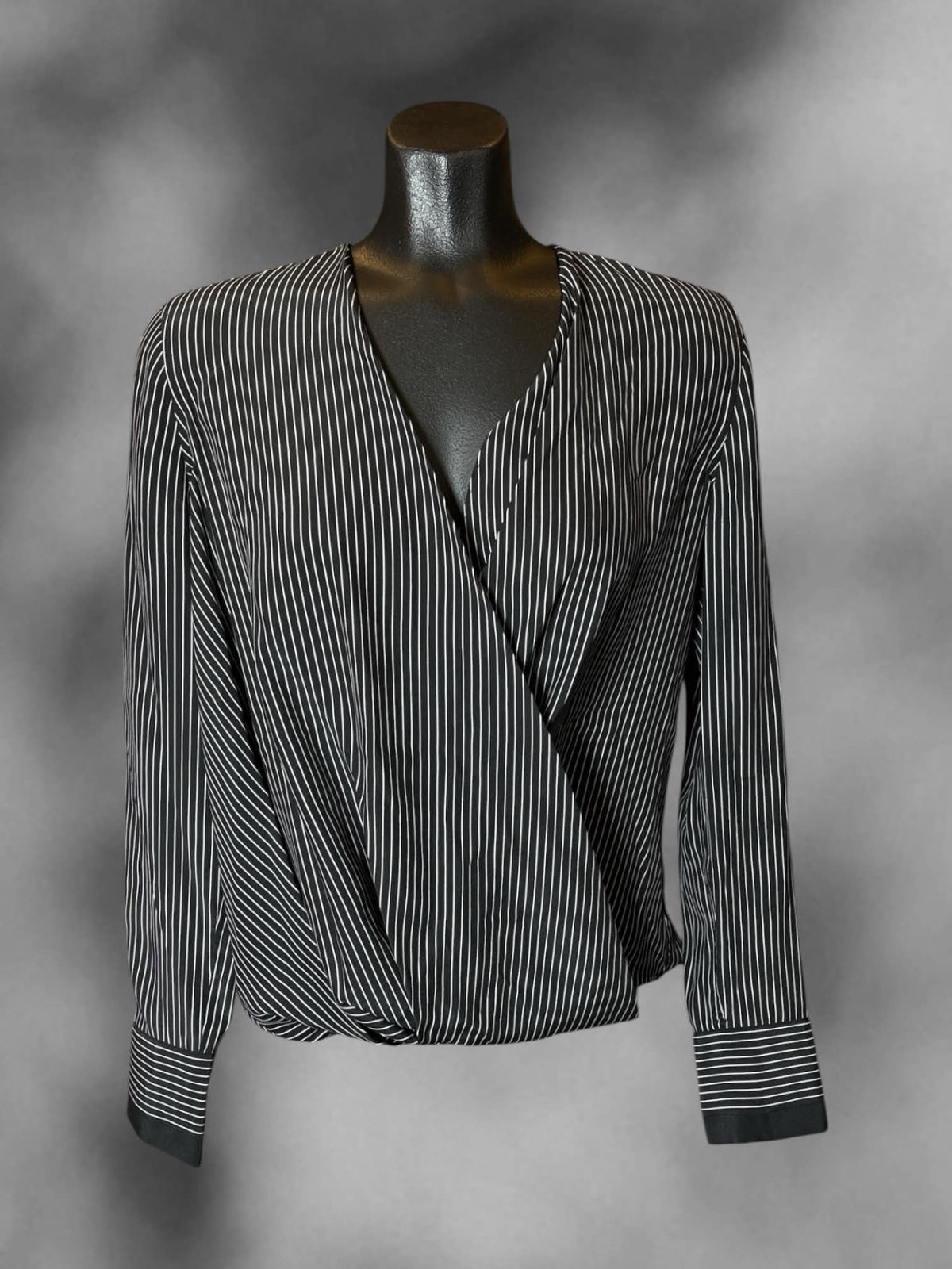 S Rag & Bone black & white striped long-sleeve silk blouse with wrap-around design and snap button on front