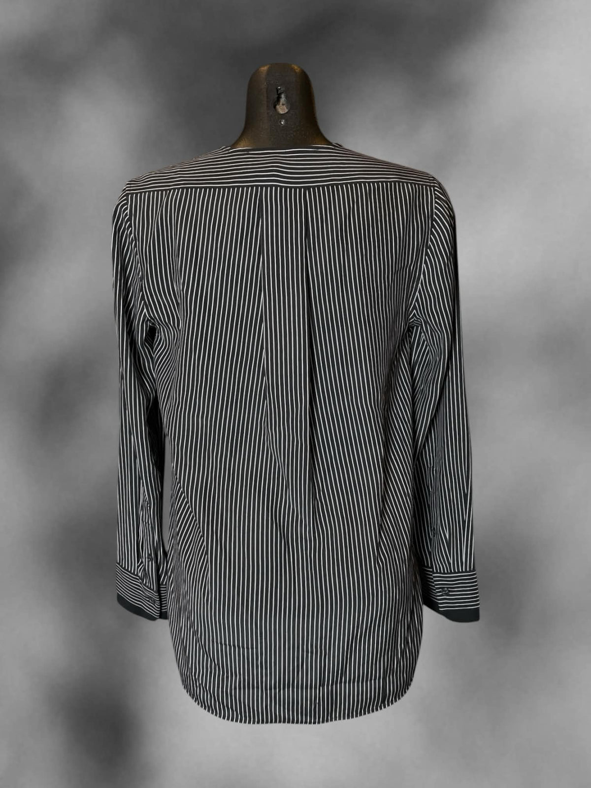 S Rag & Bone black & white striped long-sleeve silk blouse with wrap-around design and snap button on front