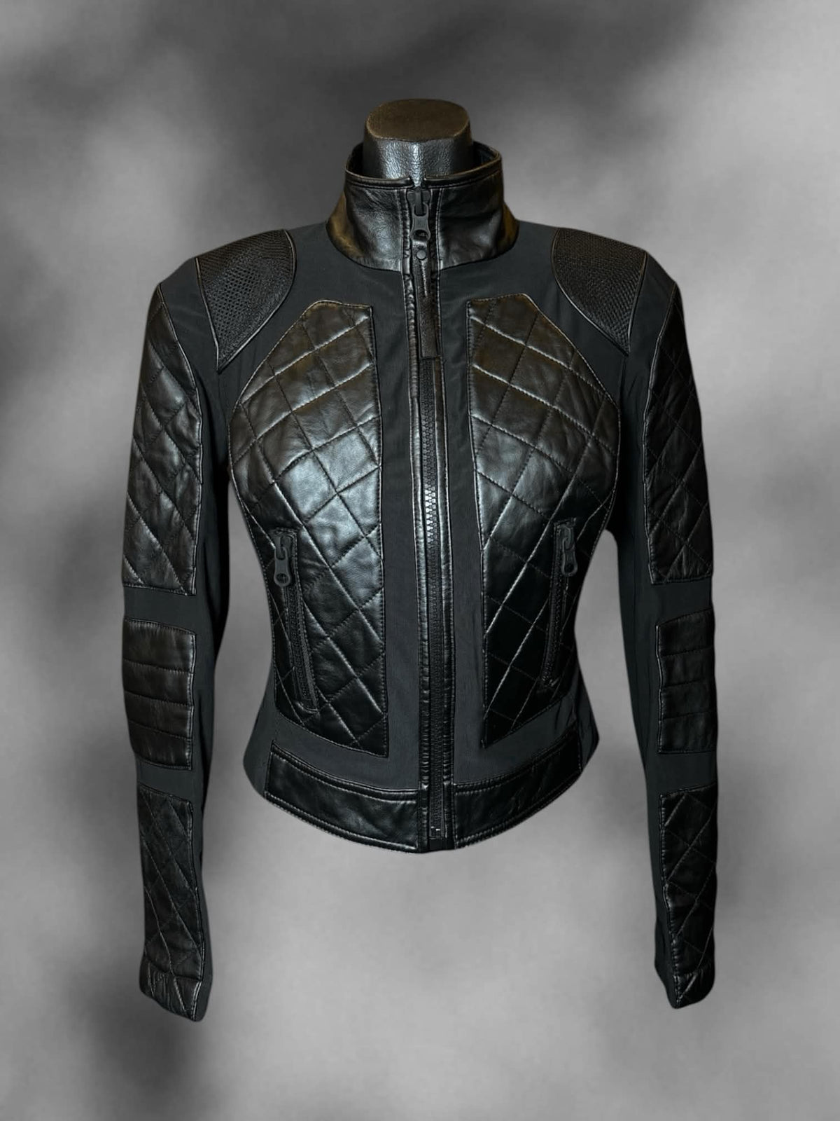 M Blanc Noir black mesh and leather jacket, with zipper on front