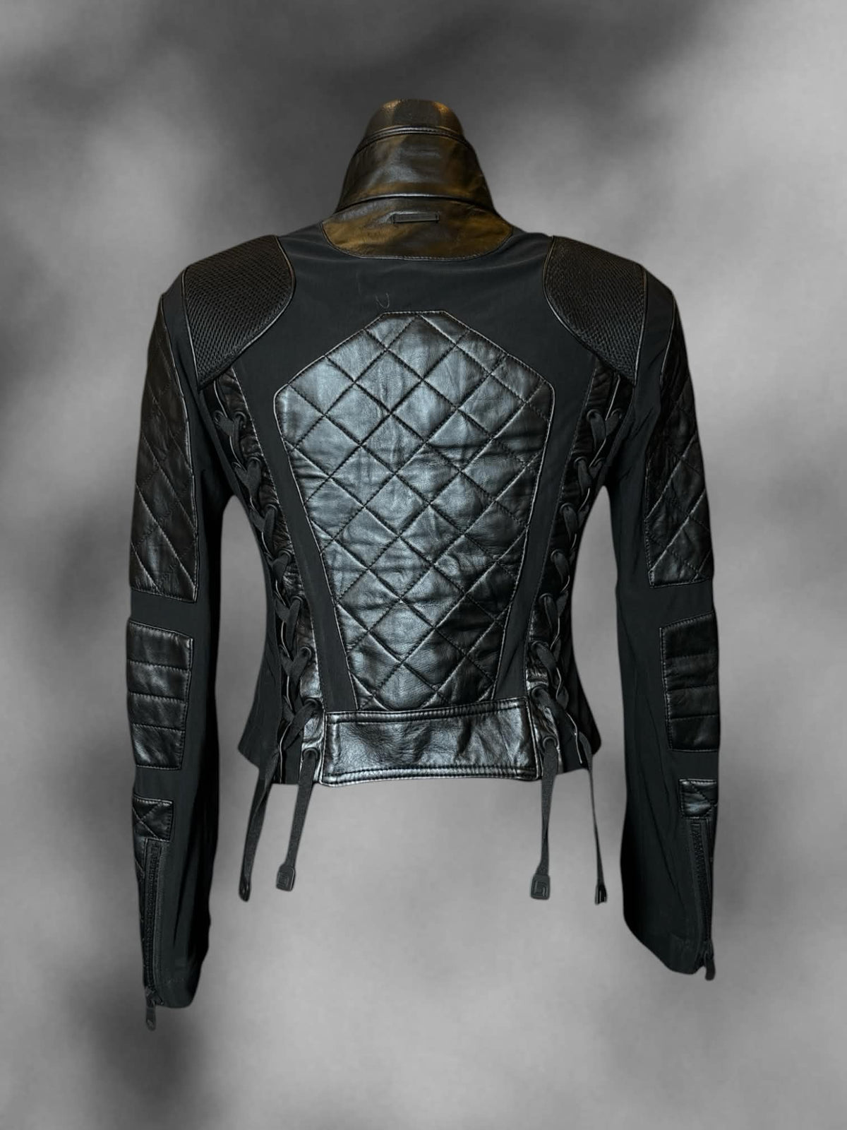 M Blanc Noir black mesh and leather jacket, with zipper on front