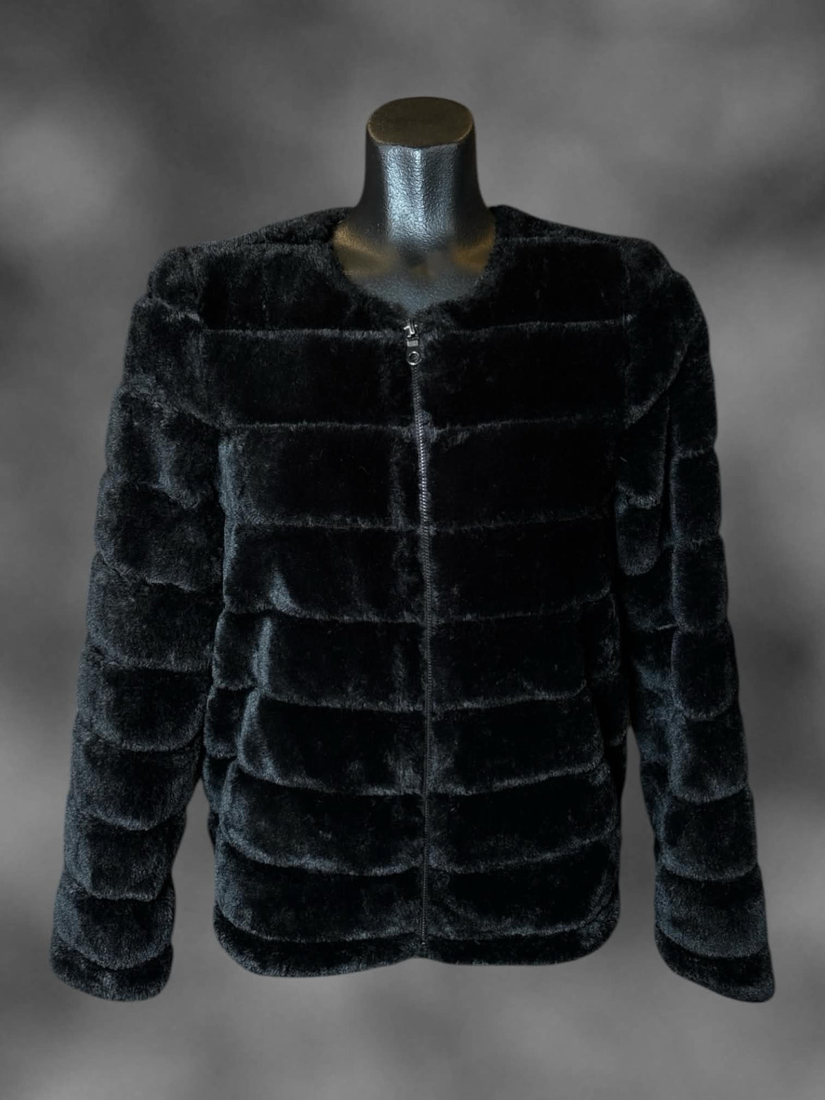 M Carmen black faux fur puffer coat with zipper and pockets on front
