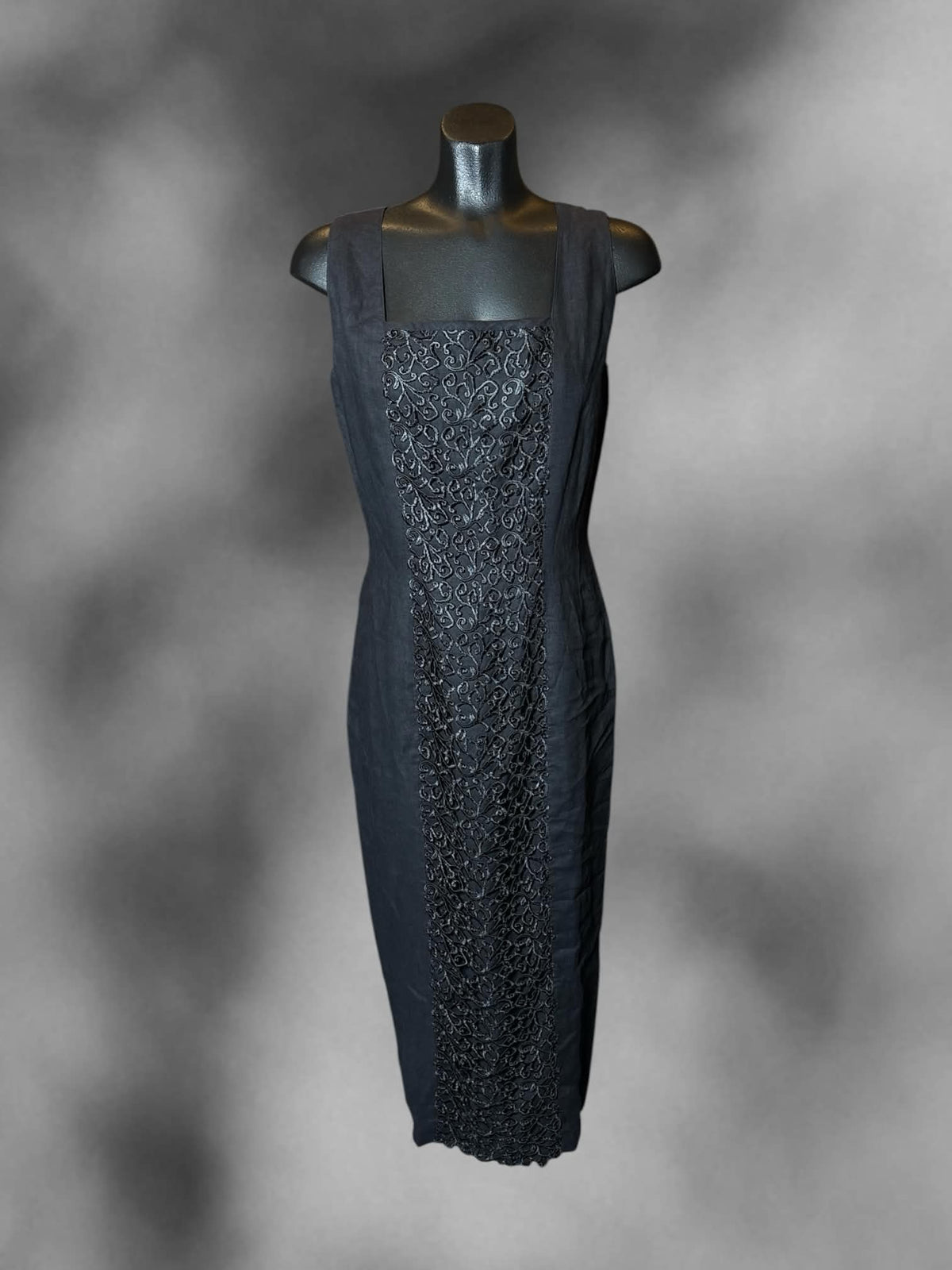 M Carole Little vintage black dress with embroidered design on front, and zipper on back