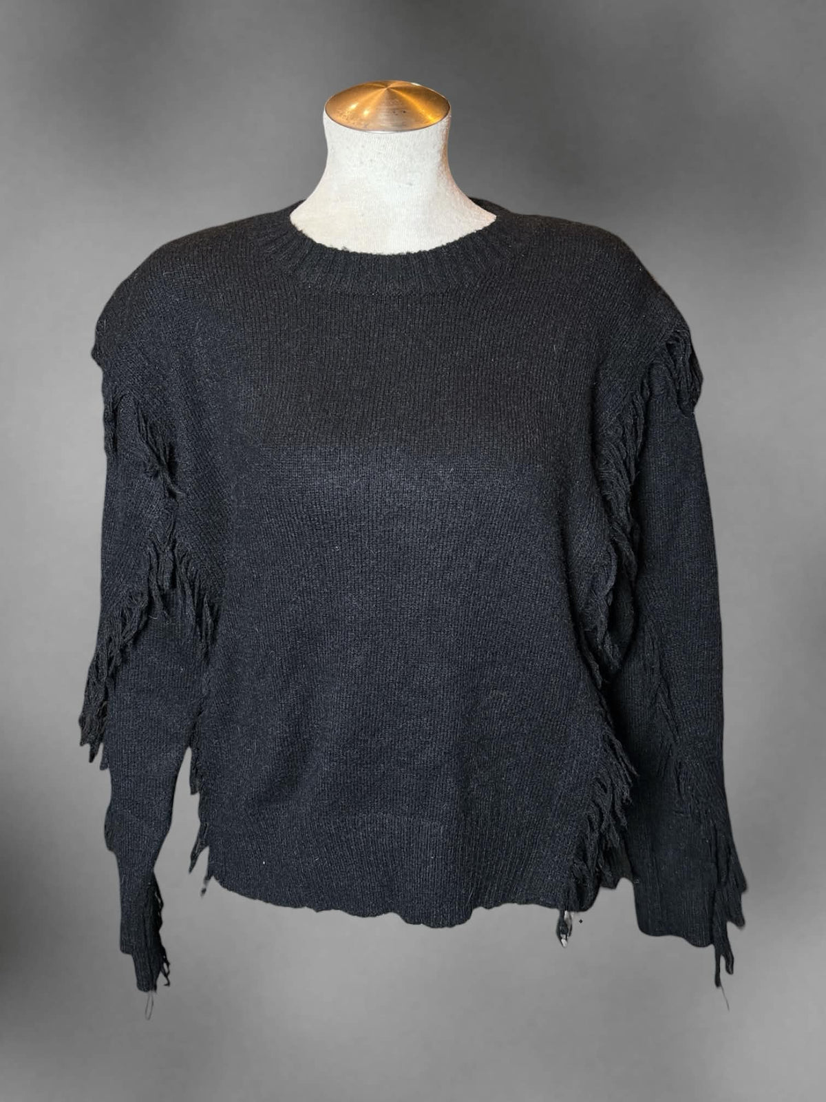 L Bishop + Young black knit sweater with distressed tassel design
