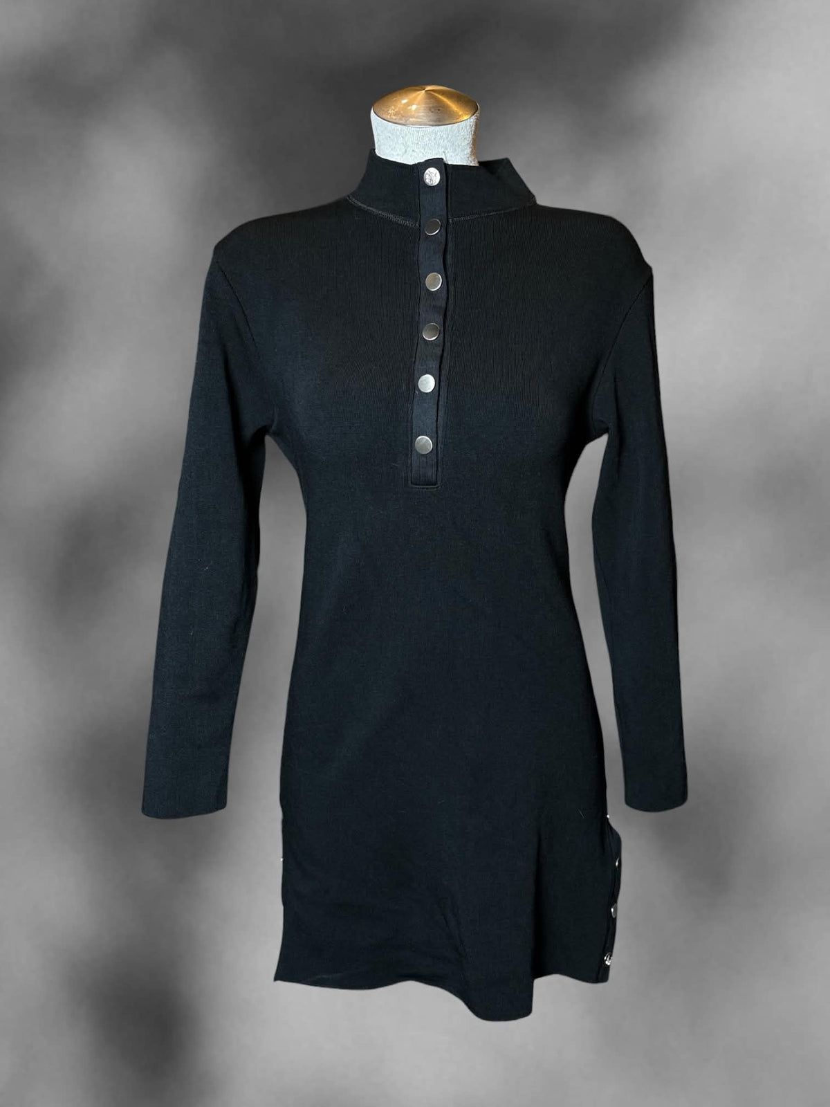 L Marsté black long-sleeve turtleneck dress with buttons on front and sides
