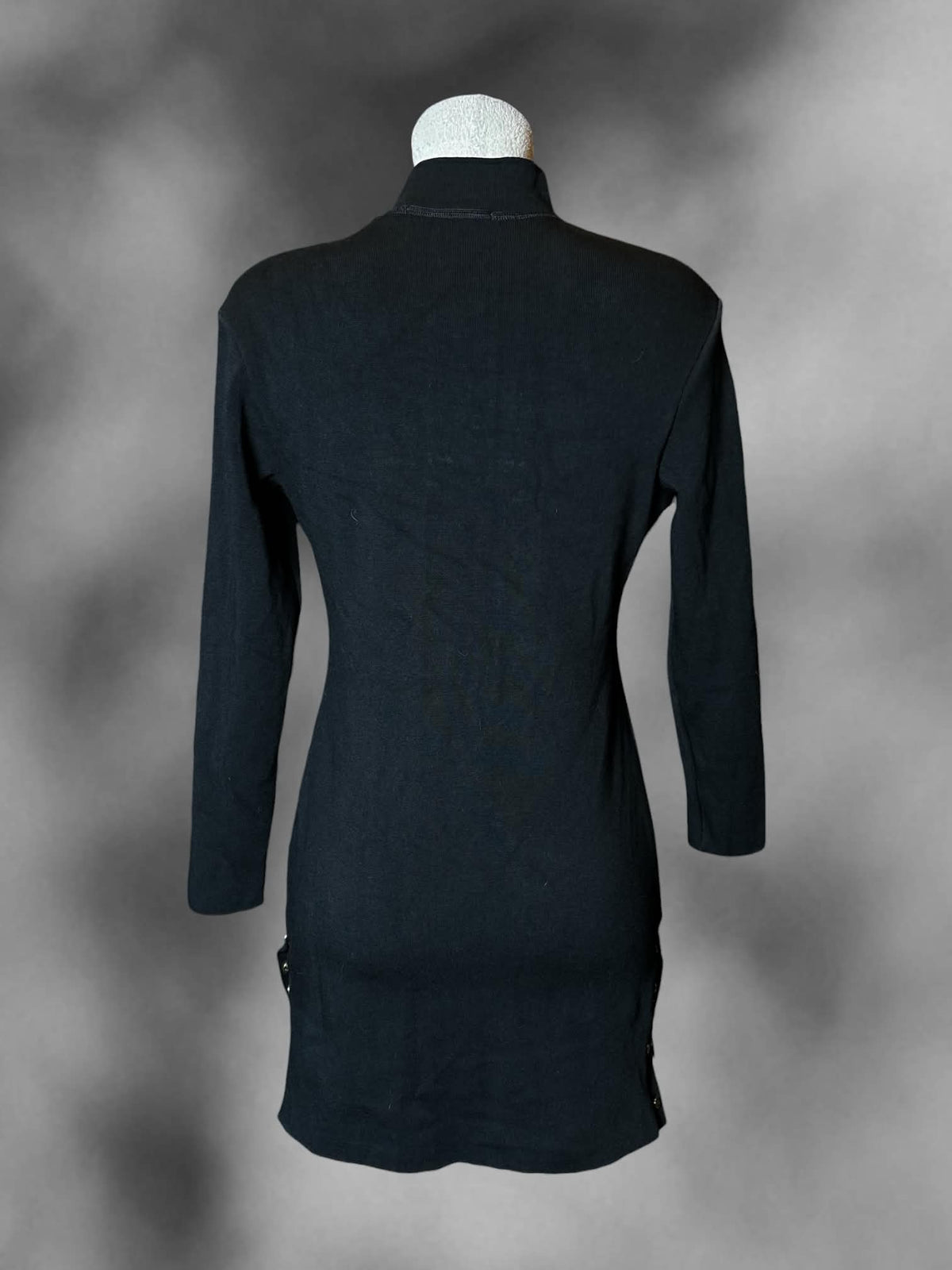 L Marsté black long-sleeve turtleneck dress with buttons on front and sides