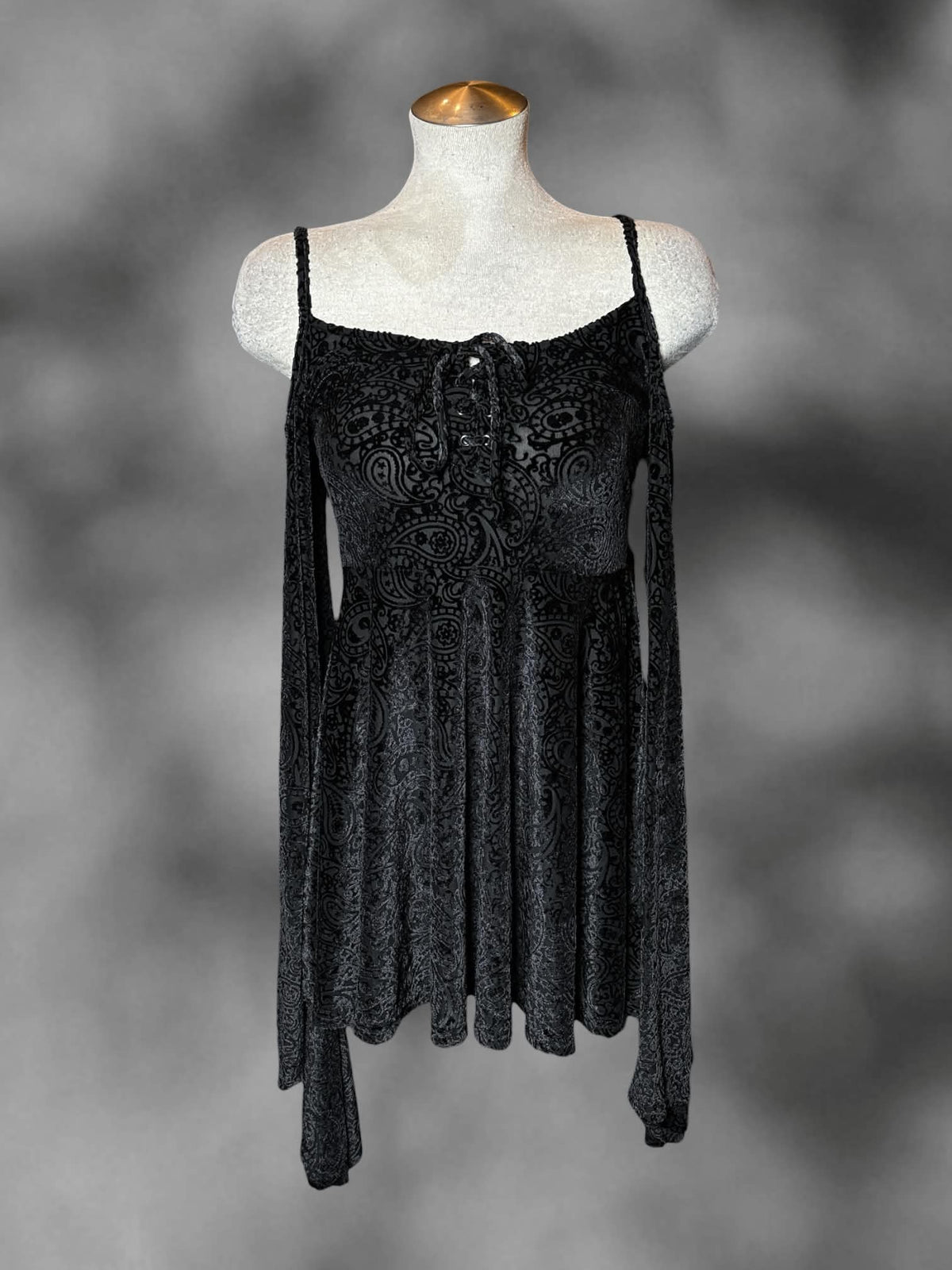 L Killstar black off-the-shoulder short dress with velvet paisley design
